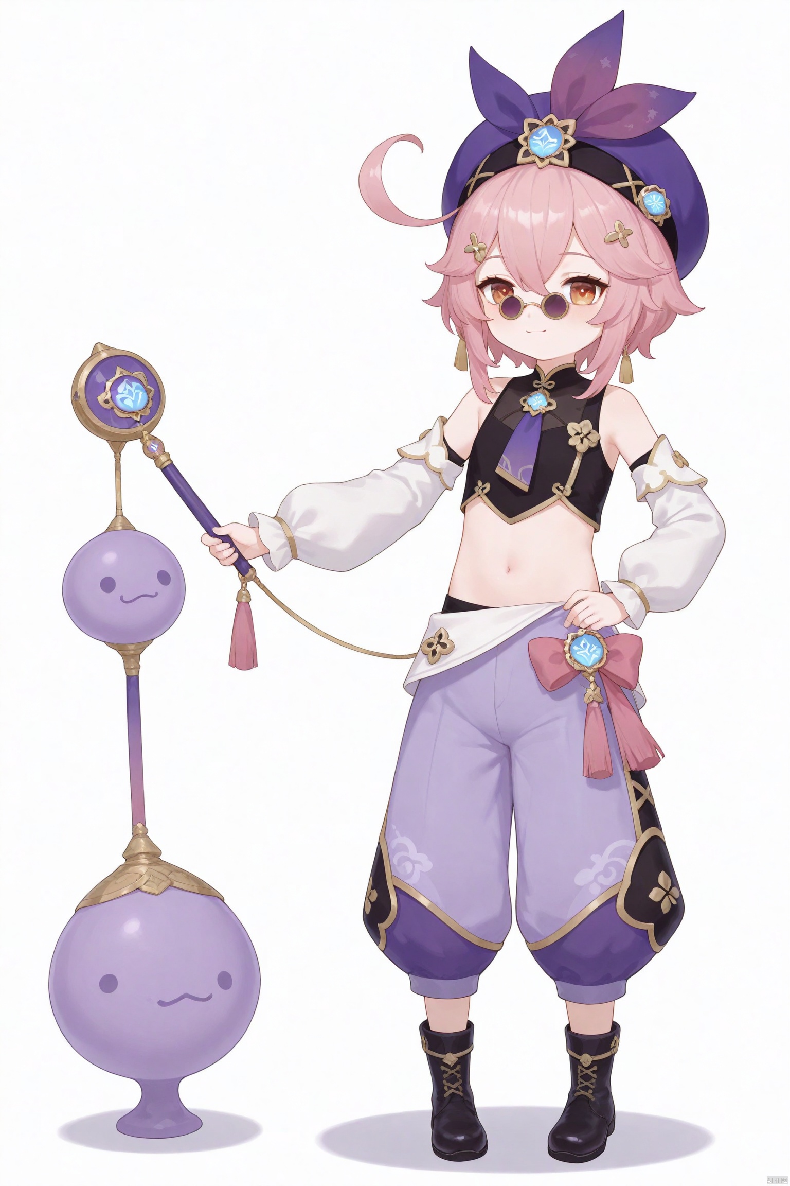 tsubasachyan,cxnice3,lolisugerjio,masterpiece,best quality, high quality, loli,1girl, solo, looking at viewer, smile, short hair, bangs, simple background, shirt, hair ornament, long sleeves, hat, white background, navel, holding, hair between eyes, bare shoulders, closed mouth, standing, full body, pink hair, sidelocks, boots, detached sleeves, glasses, sleeveless, midriff, puffy sleeves, pants, virtual youtuber, black footwear, crop top, black shirt, sleeveless shirt, sunglasses, tassel, two-tone background, puffy long sleeves, white sleeves, round eyewear, purple headwear, tinted eyewear, baggy pants, pince-nez, purple pants, looking over eyewear, puffy pants,newest,vision (genshin impact),dori (genshin impact),