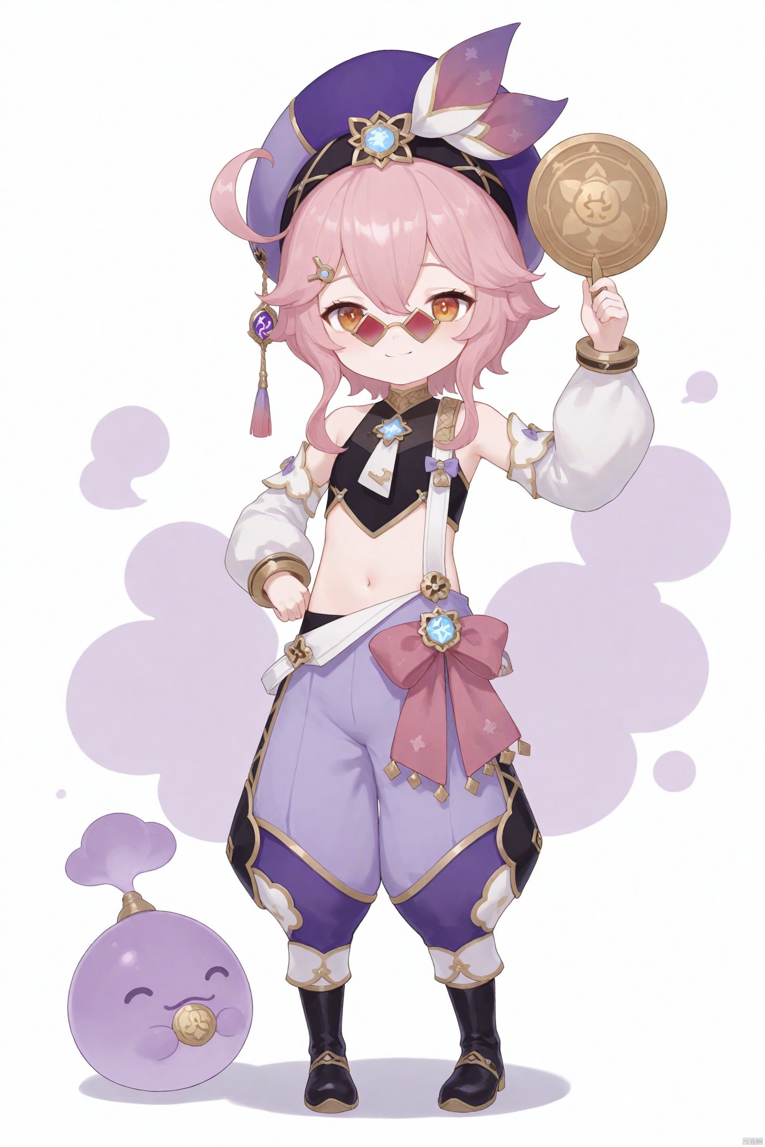 tsubasachyan,cxnice3,lolisugerjio,masterpiece,best quality, high quality, loli,1girl, solo, looking at viewer, smile, short hair, bangs, simple background, shirt, hair ornament, long sleeves, hat, white background, navel, holding, hair between eyes, bare shoulders, closed mouth, standing, full body, pink hair, sidelocks, boots, detached sleeves, glasses, sleeveless, midriff, puffy sleeves, pants, virtual youtuber, black footwear, crop top, black shirt, sleeveless shirt, sunglasses, tassel, two-tone background, puffy long sleeves, white sleeves, round eyewear, purple headwear, tinted eyewear, baggy pants, pince-nez, purple pants, looking over eyewear, puffy pants,newest,vision (genshin impact),dori (genshin impact),