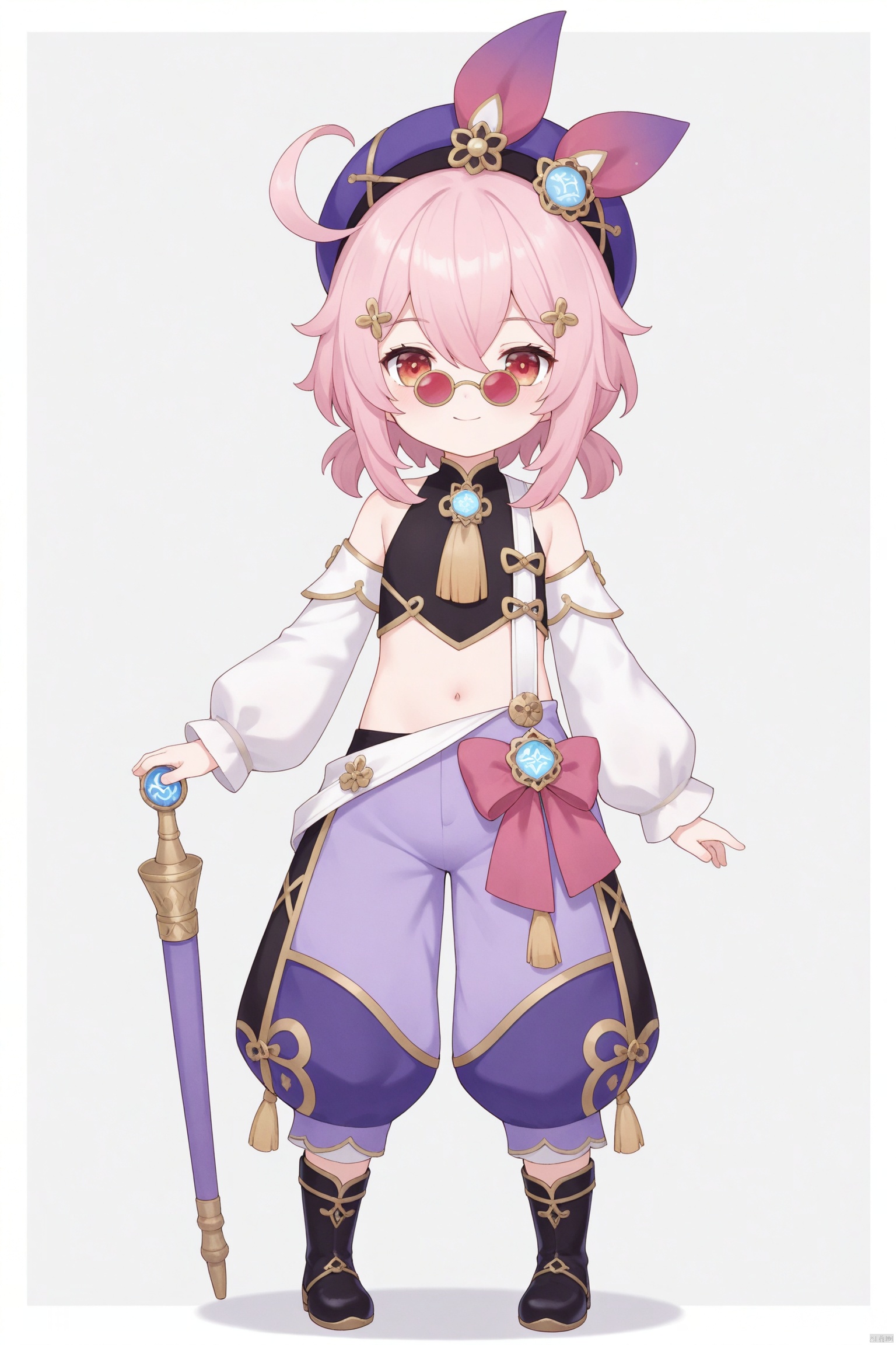 tsubasachyan,cxnice3,lolisugerjio,masterpiece,best quality, high quality, loli,1girl, solo, looking at viewer, smile, short hair, bangs, simple background, shirt, hair ornament, long sleeves, hat, white background, navel, holding, hair between eyes, bare shoulders, closed mouth, standing, full body, pink hair, sidelocks, boots, detached sleeves, glasses, sleeveless, midriff, puffy sleeves, pants, virtual youtuber, black footwear, crop top, black shirt, sleeveless shirt, sunglasses, tassel, two-tone background, puffy long sleeves, white sleeves, round eyewear, purple headwear, tinted eyewear, baggy pants, pince-nez, purple pants, looking over eyewear, puffy pants,newest,vision (genshin impact),dori (genshin impact),
