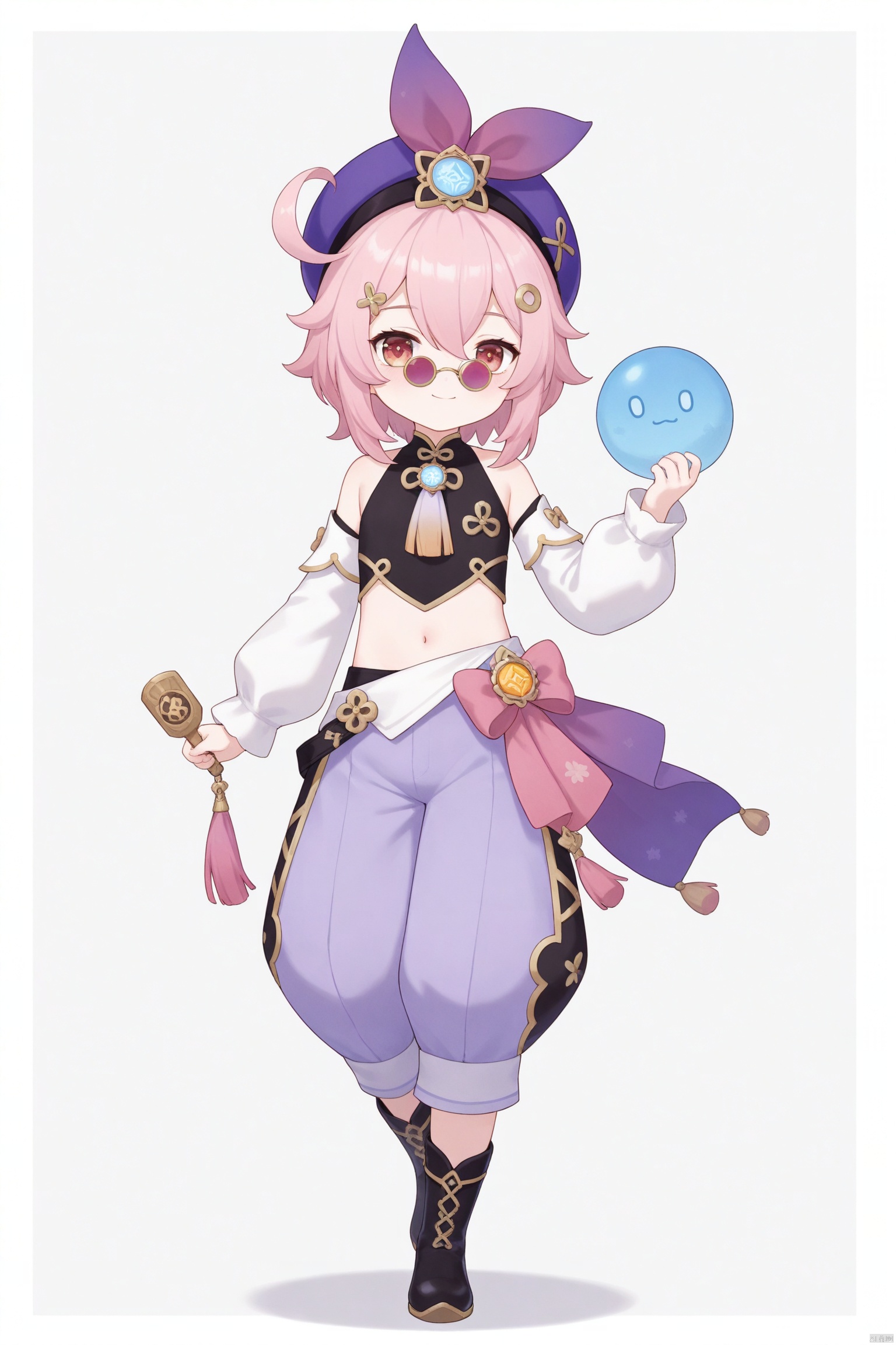 tsubasachyan,cxnice3,lolisugerjio,masterpiece,best quality, high quality, loli,1girl, solo, looking at viewer, smile, short hair, bangs, simple background, shirt, hair ornament, long sleeves, hat, white background, navel, holding, hair between eyes, bare shoulders, closed mouth, standing, full body, pink hair, sidelocks, boots, detached sleeves, glasses, sleeveless, midriff, puffy sleeves, pants, virtual youtuber, black footwear, crop top, black shirt, sleeveless shirt, sunglasses, tassel, two-tone background, puffy long sleeves, white sleeves, round eyewear, purple headwear, tinted eyewear, baggy pants, pince-nez, purple pants, looking over eyewear, puffy pants,newest,vision (genshin impact),dori (genshin impact),