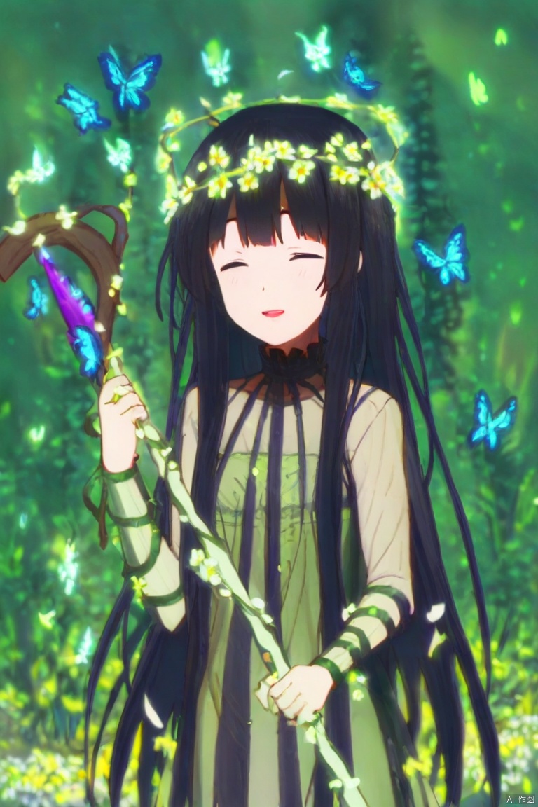 Black hair, long hair, wears a dress woven from petals and vines, wears a garland on his head, holding a staff of blooming flowers in his hand. The background is a dreamy garden with colorful butterflies flying around her. Her smile is sweet, as if it can heal everything, laughing