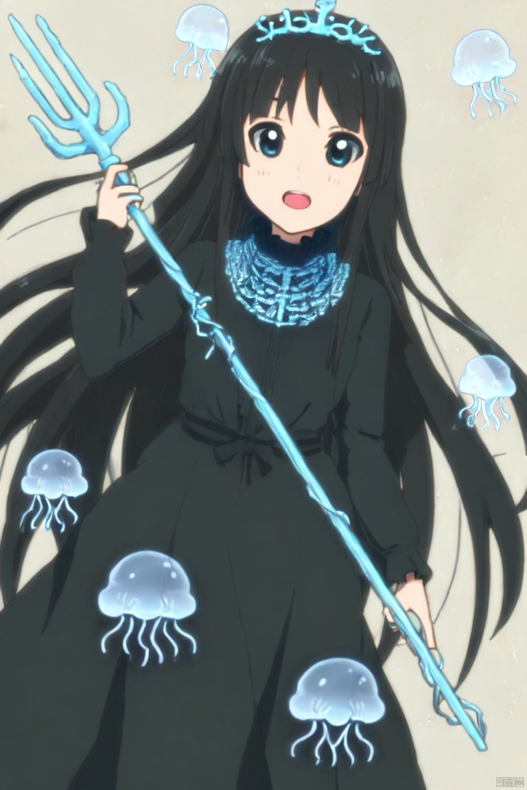 Black hair, long hair, wears a long skirt woven from sea water and pearls, wears a coral crown and holds a trident. The background is the deep-sea palace, surrounded by swimming fish and glowing jellyfish. Her eyes are gentle and majestic, as if she controls the power of the ocean, laughing