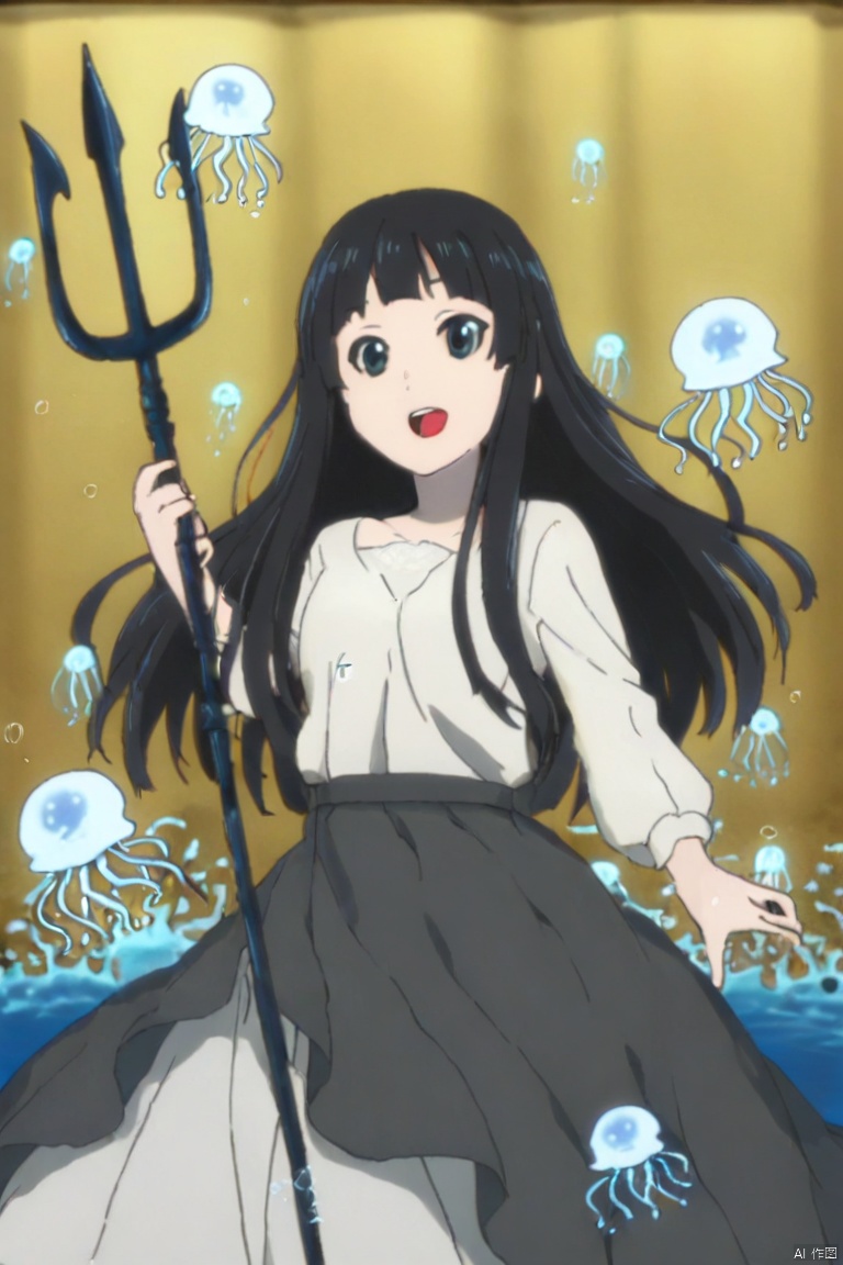 Black hair, long hair, wears a long skirt woven from sea water and pearls, wears a coral crown and holds a trident. The background is the deep-sea palace, surrounded by swimming fish and glowing jellyfish. Her eyes are gentle and majestic, as if she controls the power of the ocean, laughing