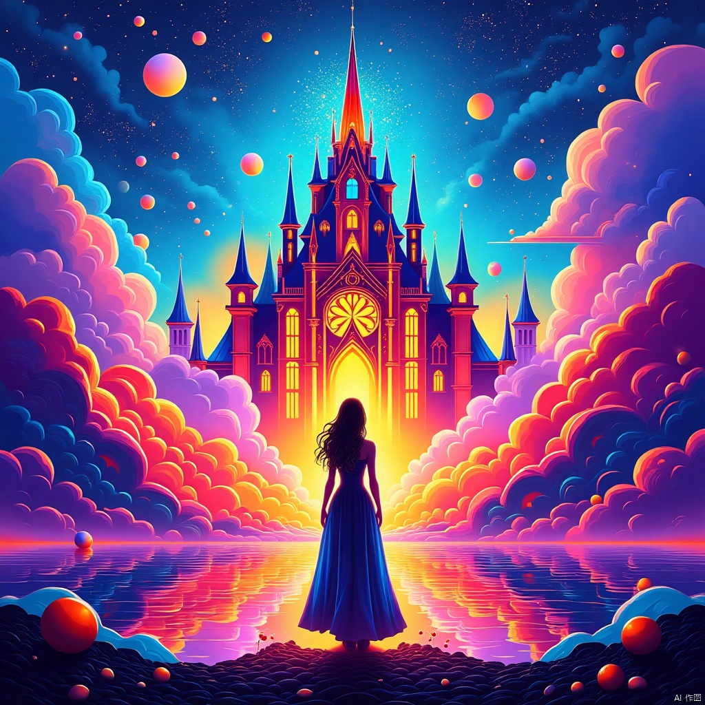  Masterpiece, ultra-high definition image quality, a female, sunset glow, lake, blue sky, white clouds,Crystal world