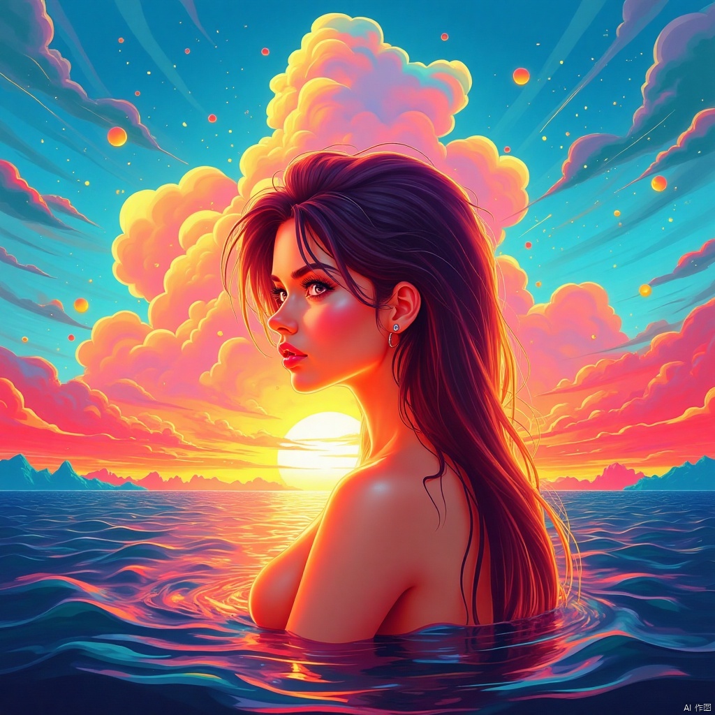  Masterpiece, ultra-high definition image quality, a female, sunset glow, lake, blue sky, white clouds