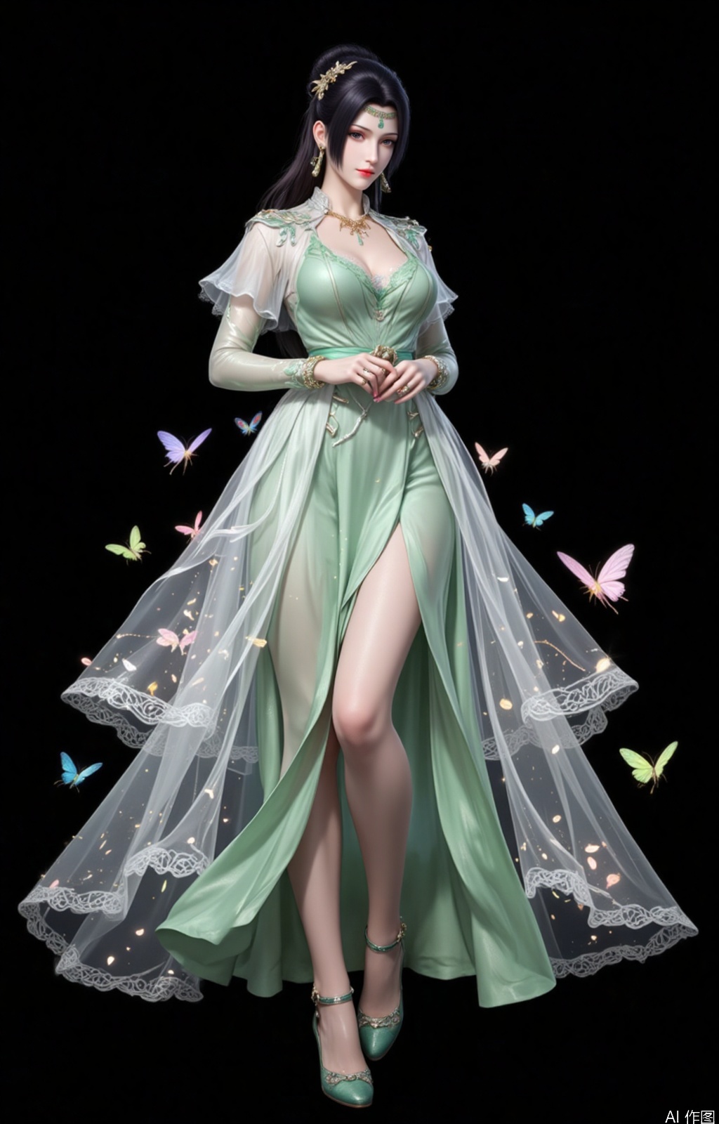 lvjing,black hair,brown eyes,fair_skin,long hair,hair_bun,jewelry,hair_ornament,yunyun,
1girl, black background, dress, solo, full body, jewelry, hair ornament, green dress, green footwear, bug, butterfly, earrings, bare legs, long hair, hair bun, black hair, forehead mark, index fingers together, facial mark, simple background, brown hair, white dress,4,
cover,Close-up details,outstanding style,adding a touch of dimension to your images without compromising details,close-up,