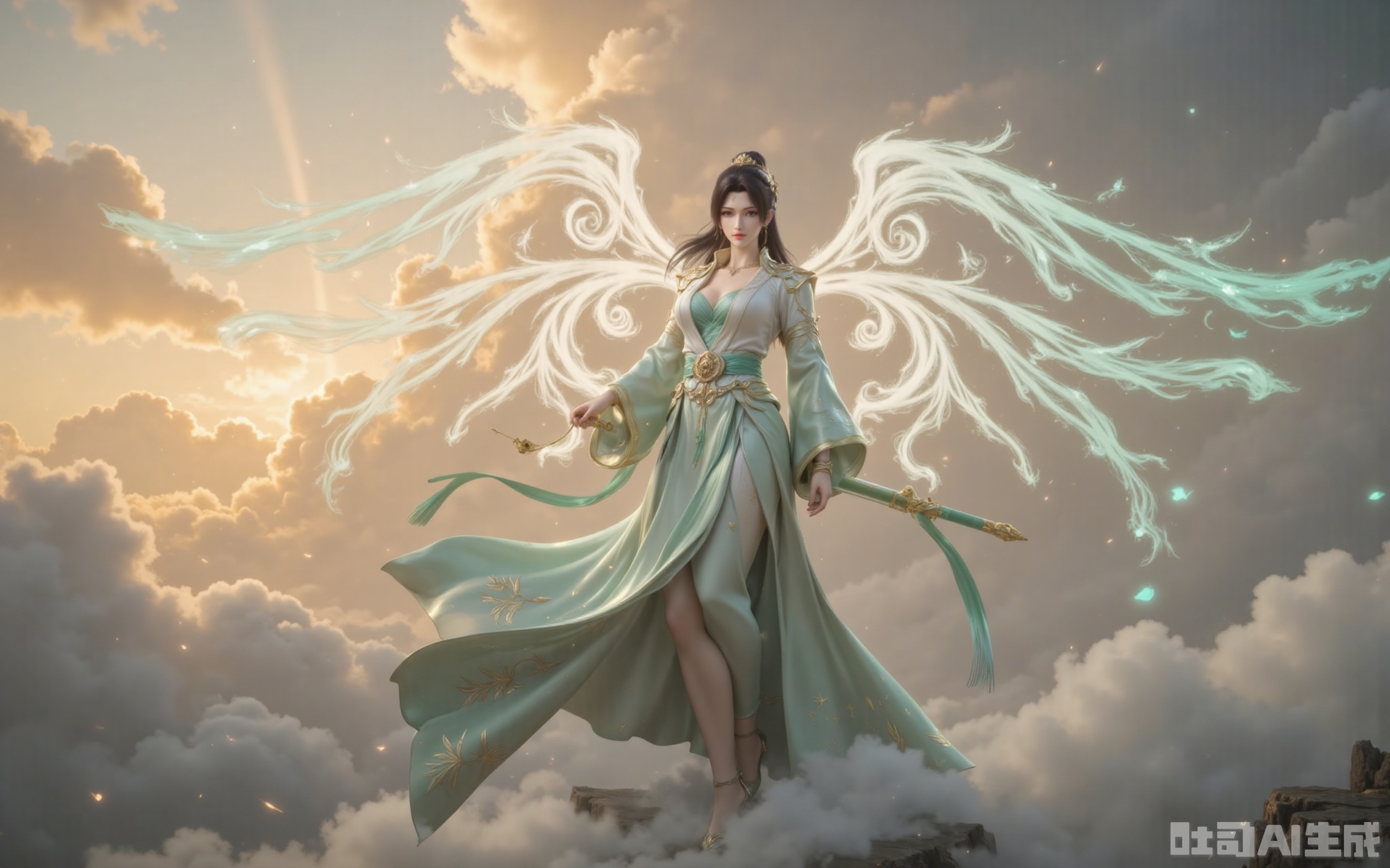 The golden dawn light of dawn pierces through the clouds, gilding the towering clouds with a layer of holy radiance. She was dressed in a green and white wide-sleeved dress with flowing clouds. The emerald waistband was studded with star-like broken crystals, which refracted into seven colors of light in the sunlight. The elaborately embroidered Yunlan Sect emblem on the hem of the skirt gently swayed with the airflow, as if it were about to transform into real clouds and mists at any moment. Like a waterfall of black hair dancing in the surging of fighting energy, the phoenix-like feather in the hair swaying gently carries a pale blue wind energy. The pair of wings behind, condensed from pure martial energy, fully spread out. Each feather clearly shows the energy veins of bluish-white, leaving a brilliant light trace in the sea of clouds. Her ice-blue eyes reflected the surging sea of clouds beneath her feet. Her slender legs were wrapped in semi-transparent silk stockings. When the tips of her feet touched the void, the pair of high heels inlaid with a sixth-order wind attribute magic core would create a circle of cyan ripples. The tassels hanging from the jade belt at the waist dance with the clouds, adding a touch of agility to this ethereal figure. Although the ancient sword "Yunlan" with a sheath in Yu's hand had not yet been unsheathed, the ancient runes on the sheath had already begun to flicker and flicker. When that ray of morning light happened to fall on the sect emblem at the sword slot, the entire sword suddenly let out a clear and resonant dragon cry, scattering the surrounding clouds.
lvjing,yunyun