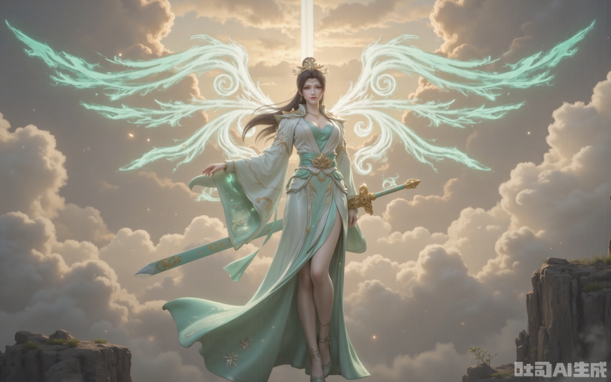 The golden dawn light of dawn pierces through the clouds, gilding the towering clouds with a layer of holy radiance. She was dressed in a green and white wide-sleeved dress with flowing clouds. The emerald waistband was studded with star-like broken crystals, which refracted into seven colors of light in the sunlight. The elaborately embroidered Yunlan Sect emblem on the hem of the skirt gently swayed with the airflow, as if it were about to transform into real clouds and mists at any moment. Like a waterfall of black hair dancing in the surging of fighting energy, the phoenix-like feather in the hair swaying gently carries a pale blue wind energy. The pair of wings behind, condensed from pure martial energy, fully spread out. Each feather clearly shows the energy veins of bluish-white, leaving a brilliant light trace in the sea of clouds. Her ice-blue eyes reflected the surging sea of clouds beneath her feet. Her slender legs were wrapped in semi-transparent silk stockings. When the tips of her feet touched the void, the pair of high heels inlaid with a sixth-order wind attribute magic core would create a circle of cyan ripples. The tassels hanging from the jade belt at the waist dance with the clouds, adding a touch of agility to this ethereal figure. Although the ancient sword "Yunlan" with a sheath in Yu's hand had not yet been unsheathed, the ancient runes on the sheath had already begun to flicker and flicker. When that ray of morning light happened to fall on the sect emblem at the sword slot, the entire sword suddenly let out a clear and resonant dragon cry, scattering the surrounding clouds.
lvjing,yunyun