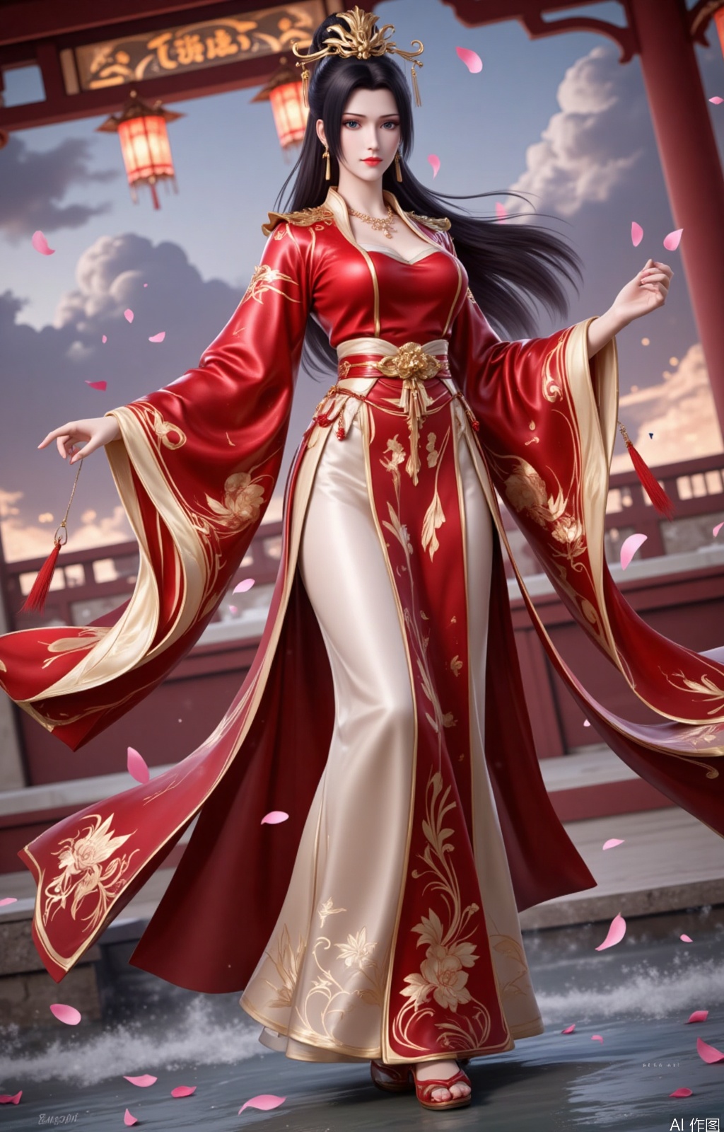 lvjing,black hair,brown eyes,fair_skin,long hair,hair_bun,jewelry,hair_ornament,yunyun,
1girl, dress, solo, lantern, red dress, long hair, black hair, chinese clothes, jewelry, red footwear, sky, full body, cloud, hair ornament, petals, necklace, long sleeves, sash, earrings, falling petals,6,
cover,Close-up details,outstanding style,adding a touch of dimension to your images without compromising details,close-up,