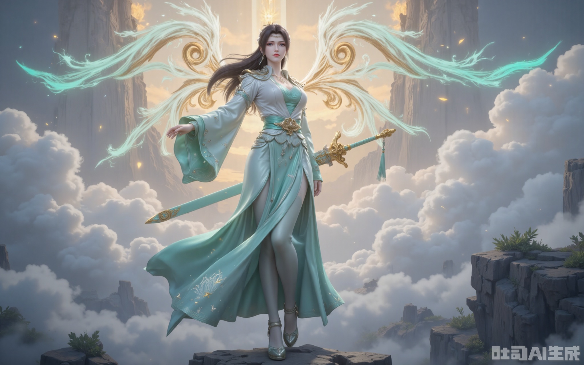 The golden dawn light of dawn pierces through the clouds, gilding the towering clouds with a layer of holy radiance. She was dressed in a green and white wide-sleeved dress with flowing clouds. The emerald waistband was studded with star-like broken crystals, which refracted into seven colors of light in the sunlight. The elaborately embroidered Yunlan Sect emblem on the hem of the skirt gently swayed with the airflow, as if it were about to transform into real clouds and mists at any moment. Like a waterfall of black hair dancing in the surging of fighting energy, the phoenix-like feather in the hair swaying gently carries a pale blue wind energy. The pair of wings behind, condensed from pure martial energy, fully spread out. Each feather clearly shows the energy veins of bluish-white, leaving a brilliant light trace in the sea of clouds. Her ice-blue eyes reflected the surging sea of clouds beneath her feet. Her slender legs were wrapped in semi-transparent silk stockings. When the tips of her feet touched the void, the pair of high heels inlaid with a sixth-order wind attribute magic core would create a circle of cyan ripples. The tassels hanging from the jade belt at the waist dance with the clouds, adding a touch of agility to this ethereal figure. Although the ancient sword "Yunlan" with a sheath in Yu's hand had not yet been unsheathed, the ancient runes on the sheath had already begun to flicker and flicker. When that ray of morning light happened to fall on the sect emblem at the sword slot, the entire sword suddenly let out a clear and resonant dragon cry, scattering the surrounding clouds.
lvjing,yunyun