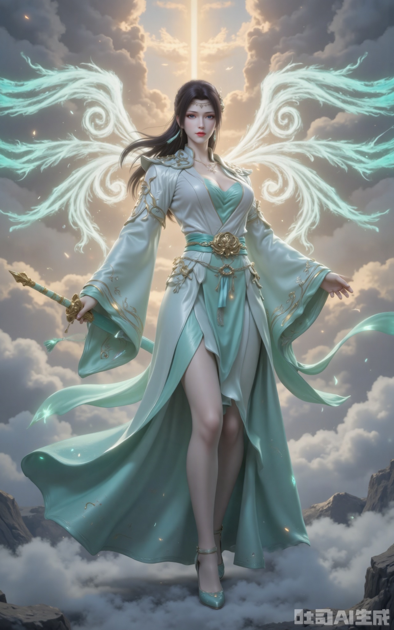 The golden dawn light of dawn pierces through the clouds, gilding the towering clouds with a layer of holy radiance. She was dressed in a green and white wide-sleeved dress with flowing clouds. The emerald waistband was studded with star-like broken crystals, which refracted into seven colors of light in the sunlight. The elaborately embroidered Yunlan Sect emblem on the hem of the skirt gently swayed with the airflow, as if it were about to transform into real clouds and mists at any moment. Like a waterfall of black hair dancing in the surging of fighting energy, the phoenix-like feather in the hair swaying gently carries a pale blue wind energy. The pair of wings behind, condensed from pure martial energy, fully spread out. Each feather clearly shows the energy veins of bluish-white, leaving a brilliant light trace in the sea of clouds. Her ice-blue eyes reflected the surging sea of clouds beneath her feet. Her slender legs were wrapped in semi-transparent silk stockings. When the tips of her feet touched the void, the pair of high heels inlaid with a sixth-order wind attribute magic core would create a circle of cyan ripples. The tassels hanging from the jade belt at the waist dance with the clouds, adding a touch of agility to this ethereal figure. Although the ancient sword "Yunlan" with a sheath in Yu's hand had not yet been unsheathed, the ancient runes on the sheath had already begun to flicker and flicker. When that ray of morning light happened to fall on the sect emblem at the sword slot, the entire sword suddenly let out a clear and resonant dragon cry, scattering the surrounding clouds.
lvjing,yunyun