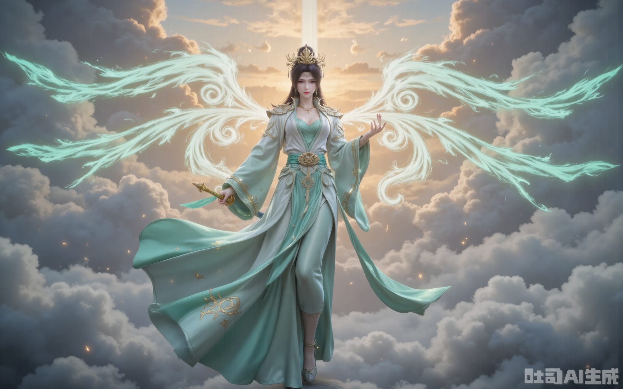 The golden dawn light of dawn pierces through the clouds, gilding the towering clouds with a layer of holy radiance. She was dressed in a green and white wide-sleeved dress with flowing clouds. The emerald waistband was studded with star-like broken crystals, which refracted into seven colors of light in the sunlight. The elaborately embroidered Yunlan Sect emblem on the hem of the skirt gently swayed with the airflow, as if it were about to transform into real clouds and mists at any moment. Like a waterfall of black hair dancing in the surging of fighting energy, the phoenix-like feather in the hair swaying gently carries a pale blue wind energy. The pair of wings behind, condensed from pure martial energy, fully spread out. Each feather clearly shows the energy veins of bluish-white, leaving a brilliant light trace in the sea of clouds. Her ice-blue eyes reflected the surging sea of clouds beneath her feet. Her slender legs were wrapped in semi-transparent silk stockings. When the tips of her feet touched the void, the pair of high heels inlaid with a sixth-order wind attribute magic core would create a circle of cyan ripples. The tassels hanging from the jade belt at the waist dance with the clouds, adding a touch of agility to this ethereal figure. Although the ancient sword "Yunlan" with a sheath in Yu's hand had not yet been unsheathed, the ancient runes on the sheath had already begun to flicker and flicker. When that ray of morning light happened to fall on the sect emblem at the sword slot, the entire sword suddenly let out a clear and resonant dragon cry, scattering the surrounding clouds.
lvjing,yunyun