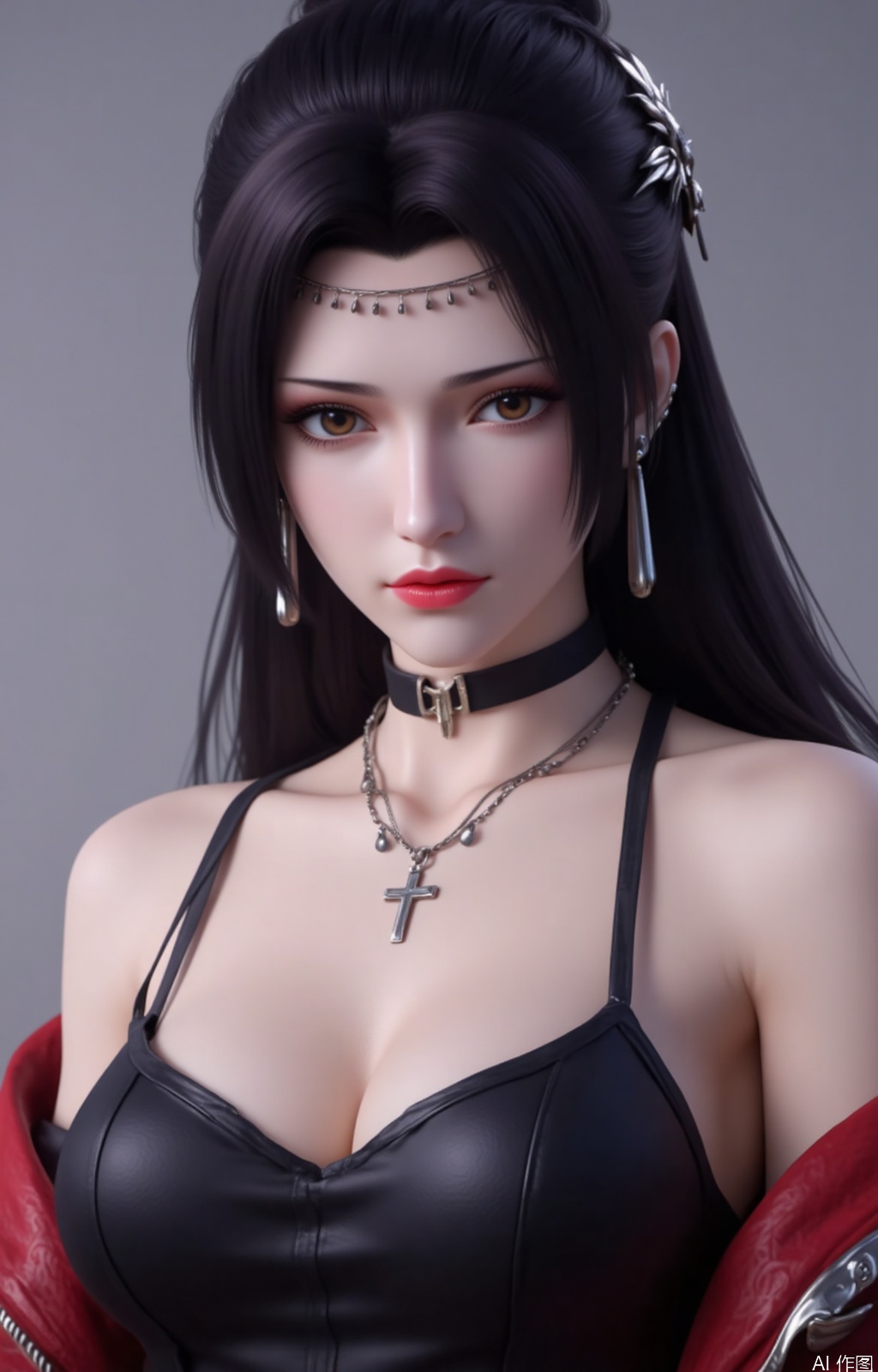 lvjing,black hair,brown eyes,fair_skin,long hair,hair_bun,jewelry,hair_ornament,yunyun,
1girl,katsuragi misato,solo,breasts,jewelry,cleavage,upper body,long hair,choker,looking at viewer,earrings,cross,bangs,necklace,jacket,collarbone,closed mouth,parted bangs,bare shoulders,open clothes,off shoulder,black choker,open jacket,red jacket,cross necklace,stud earrings,large breasts,beret,gradient background,black bra,spaghetti strap,bra,
cover,Close-up details,outstanding style,adding a touch of dimension to your images without compromising details,close-up,