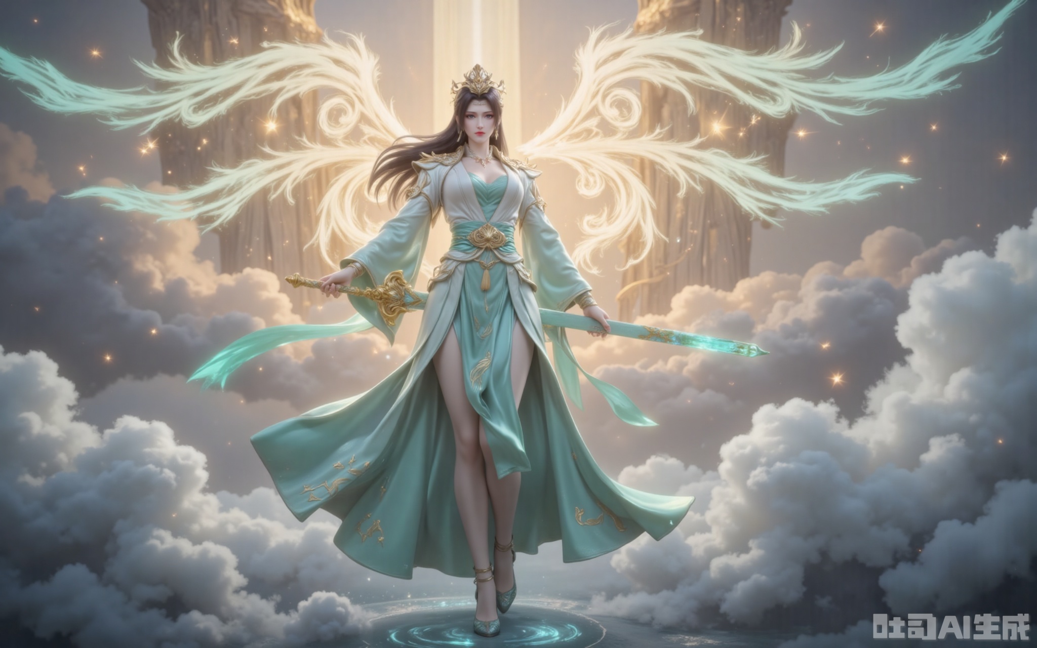 The golden dawn light of dawn pierces through the clouds, gilding the towering clouds with a layer of holy radiance. She was dressed in a green and white wide-sleeved dress with flowing clouds. The emerald waistband was studded with star-like broken crystals, which refracted into seven colors of light in the sunlight. The elaborately embroidered Yunlan Sect emblem on the hem of the skirt gently swayed with the airflow, as if it were about to transform into real clouds and mists at any moment. Like a waterfall of black hair dancing in the surging of fighting energy, the phoenix-like feather in the hair swaying gently carries a pale blue wind energy. The pair of wings behind, condensed from pure martial energy, fully spread out. Each feather clearly shows the energy veins of bluish-white, leaving a brilliant light trace in the sea of clouds. Her ice-blue eyes reflected the surging sea of clouds beneath her feet. Her slender legs were wrapped in semi-transparent silk stockings. When the tips of her feet touched the void, the pair of high heels inlaid with a sixth-order wind attribute magic core would create a circle of cyan ripples. The tassels hanging from the jade belt at the waist dance with the clouds, adding a touch of agility to this ethereal figure. Although the ancient sword "Yunlan" with a sheath in Yu's hand had not yet been unsheathed, the ancient runes on the sheath had already begun to flicker and flicker. When that ray of morning light happened to fall on the sect emblem at the sword slot, the entire sword suddenly let out a clear and resonant dragon cry, scattering the surrounding clouds.
lvjing,yunyun