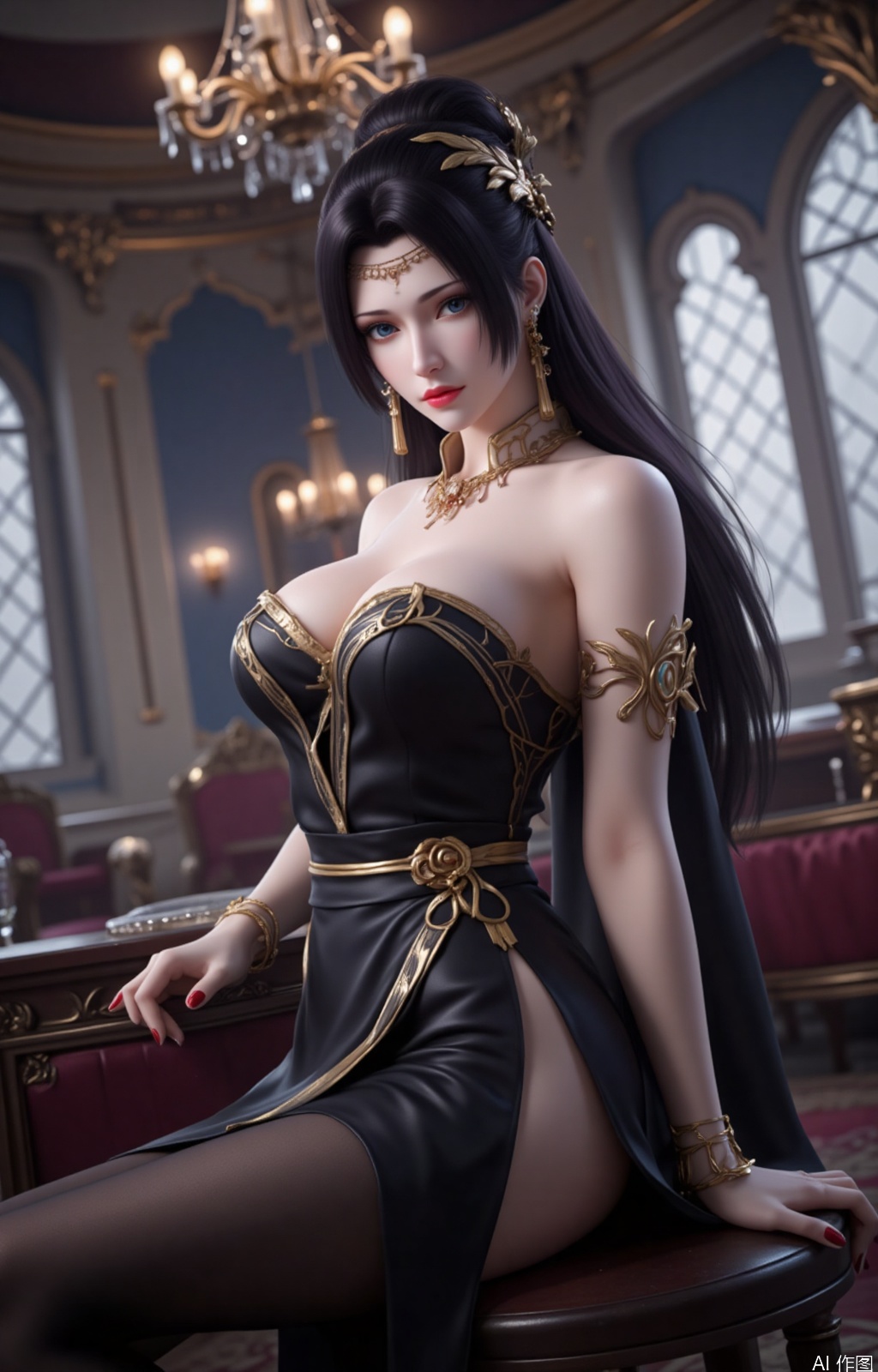 lvjing,black hair,brown eyes,fair_skin,long hair,hair_bun,jewelry,hair_ornament,yunyun,
1girl,breasts,solo,dress,pantyhose,indoors,sitting,jewelry,looking at viewer,earrings,strapless,black dress,cleavage,bare shoulders,red nails,strapless dress,bangs,chandelier,window,covered navel,black pantyhose,nail polish,stool,bare arms,medium breasts,red lips,alternate costume,feet out of frame,large breasts,parted lips,side slit, 
cover,Close-up details,outstanding style,adding a touch of dimension to your images without compromising details,close-up,