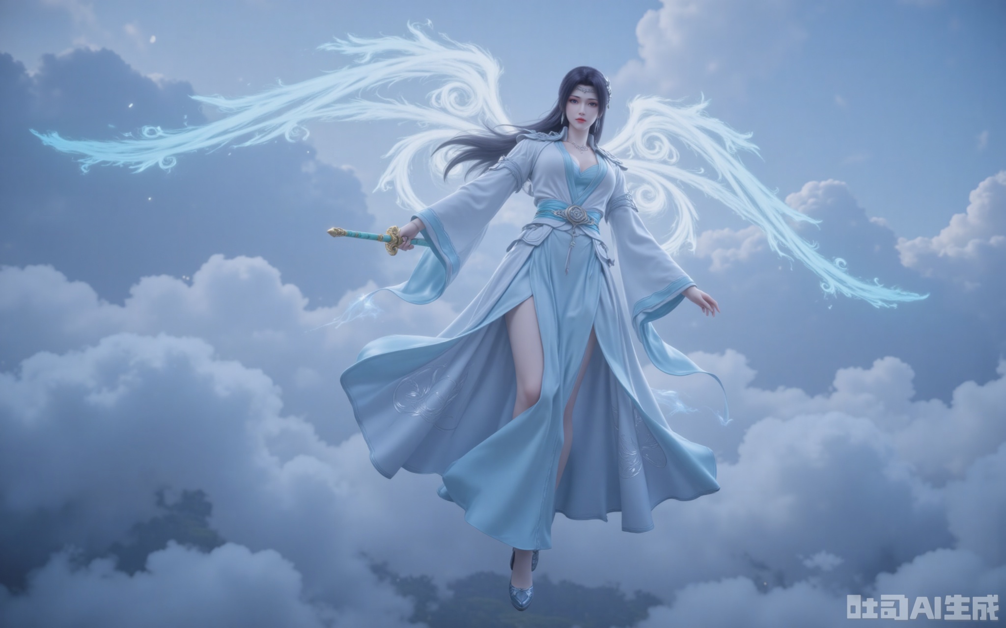 Amidst the boundless clouds and mists, the clouds stand out in the air. The wide-sleeved, fairy-like dress with blue and white stripes dances gently in the wind. The cloud patterns embroidered with silver thread on the hem flow with a moon-like glow in the morning light. Like black and white hair fluttering amid the surging fighting energy, the green jade phoenix hairpin in the hair was flowing with faint fighting energy light patterns. The pair of wings behind, formed by pure martial energy, slowly unfurled. Each feather was flowing with sky-blue energy ripples, spreading out circles of ripples in the sea of clouds. The ice-blue eyes are like the autumn water of a cold pool, reflecting the vast expanse of the sky. The plain gauze stockings wrapped around the slender legs were faintly visible. The tips of the feet lightly touched the void. The pair of high heels, adorned with wind attribute magic cores, drew pale blue tracks in the clouds. The ancient sword with a sheath in Yu's hand, though not yet sharp, had a sharp sword aura seeping through its sheath. The seventh-stage wind magic crystal embedded in the sword grid was resonating with the fighting energy around it, churning out a clear and resonant sword sound in the clouds
lvjing,yunyun