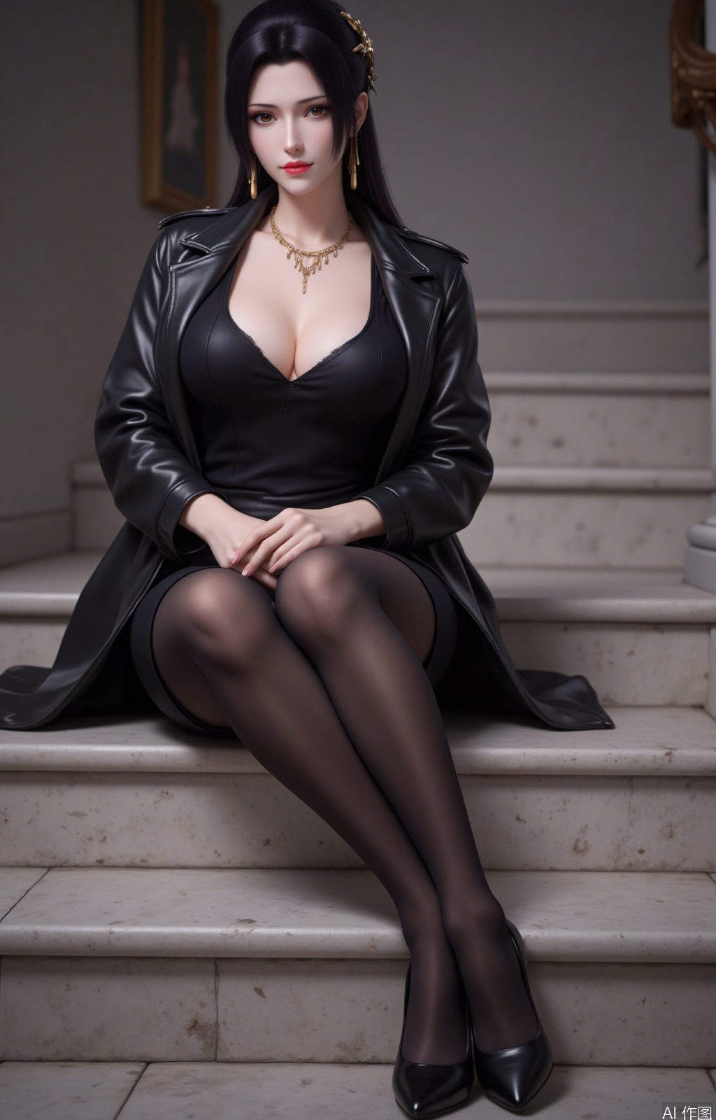 lvjing,black hair,brown eyes,fair_skin,long hair,hair_bun,jewelry,hair_ornament,yunyun,
 1girl,breasts,stairs,solo,pantyhose,sitting,high heels,cleavage,jewelry,black footwear,jacket,earrings,large breasts,looking at viewer,black jacket,open jacket,dress,collarbone,open clothes,black dress,black pantyhose,knees together feet apart,forehead,sitting on stairs,long sleeves,lips,indoors,makeup,closed mouth,legs,simple background,gradient_background,Close-up details,outstanding style,adding a touch of dimension to your images without compromising details,close-up,
