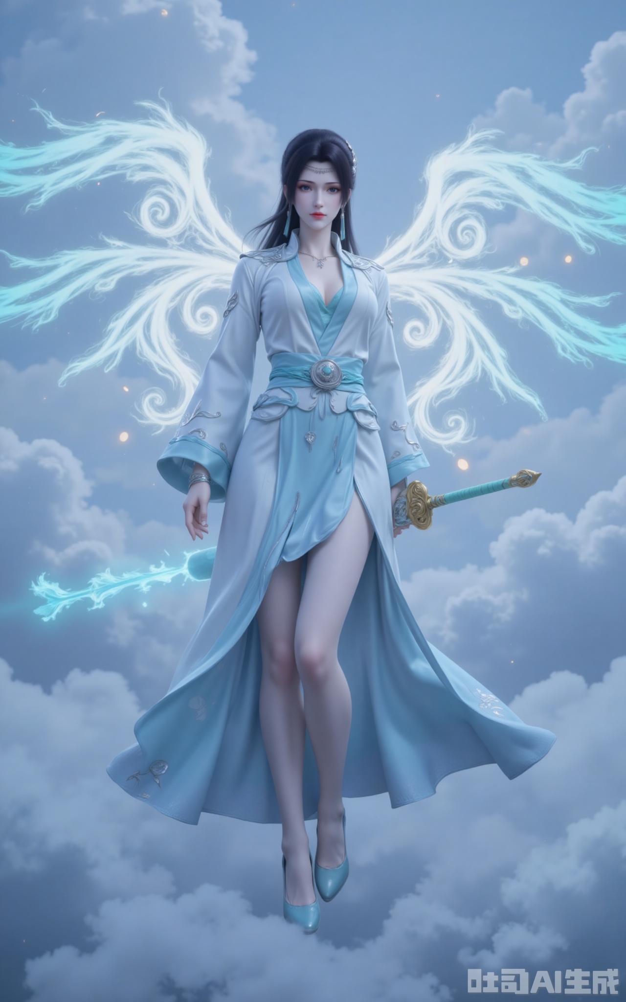Amidst the boundless clouds and mists, the clouds stand out in the air. The wide-sleeved, fairy-like dress with blue and white stripes dances gently in the wind. The cloud patterns embroidered with silver thread on the hem flow with a moon-like glow in the morning light. Like black and white hair fluttering amid the surging fighting energy, the green jade phoenix hairpin in the hair was flowing with faint fighting energy light patterns. The pair of wings behind, formed by pure martial energy, slowly unfurled. Each feather was flowing with sky-blue energy ripples, spreading out circles of ripples in the sea of clouds. The ice-blue eyes are like the autumn water of a cold pool, reflecting the vast expanse of the sky. The plain gauze stockings wrapped around the slender legs were faintly visible. The tips of the feet lightly touched the void. The pair of high heels, adorned with wind attribute magic cores, drew pale blue tracks in the clouds. The ancient sword with a sheath in Yu's hand, though not yet sharp, had a sharp sword aura seeping through its sheath. The seventh-stage wind magic crystal embedded in the sword grid was resonating with the fighting energy around it, churning out a clear and resonant sword sound in the clouds
lvjing,yunyun