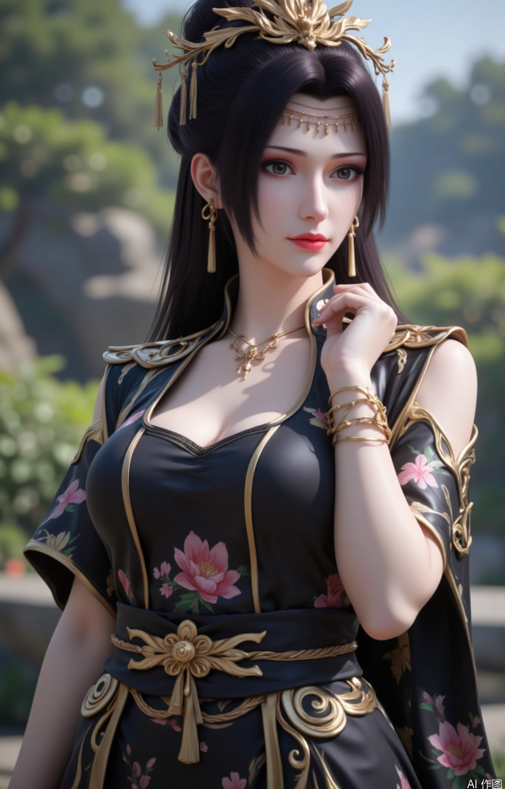 lvjing,black hair,brown eyes,fair_skin,long hair,hair_bun,jewelry,hair_ornament,yunyun,
 1girl,solo,dress,black dress,sleeveless,chinese clothes,china dress,sleeveless dress,breasts,blurry,lips,bare shoulders,floral print,blurry background,bare arms,arm up,border,cowboy shot,looking at viewer,sunlight,standing,medium breasts,print dress,hand in own hair,cover,simple background,gradient background,close-up details,outstanding style,(baoshi),adding a touch of dimension to your images without compromising details,close-up,