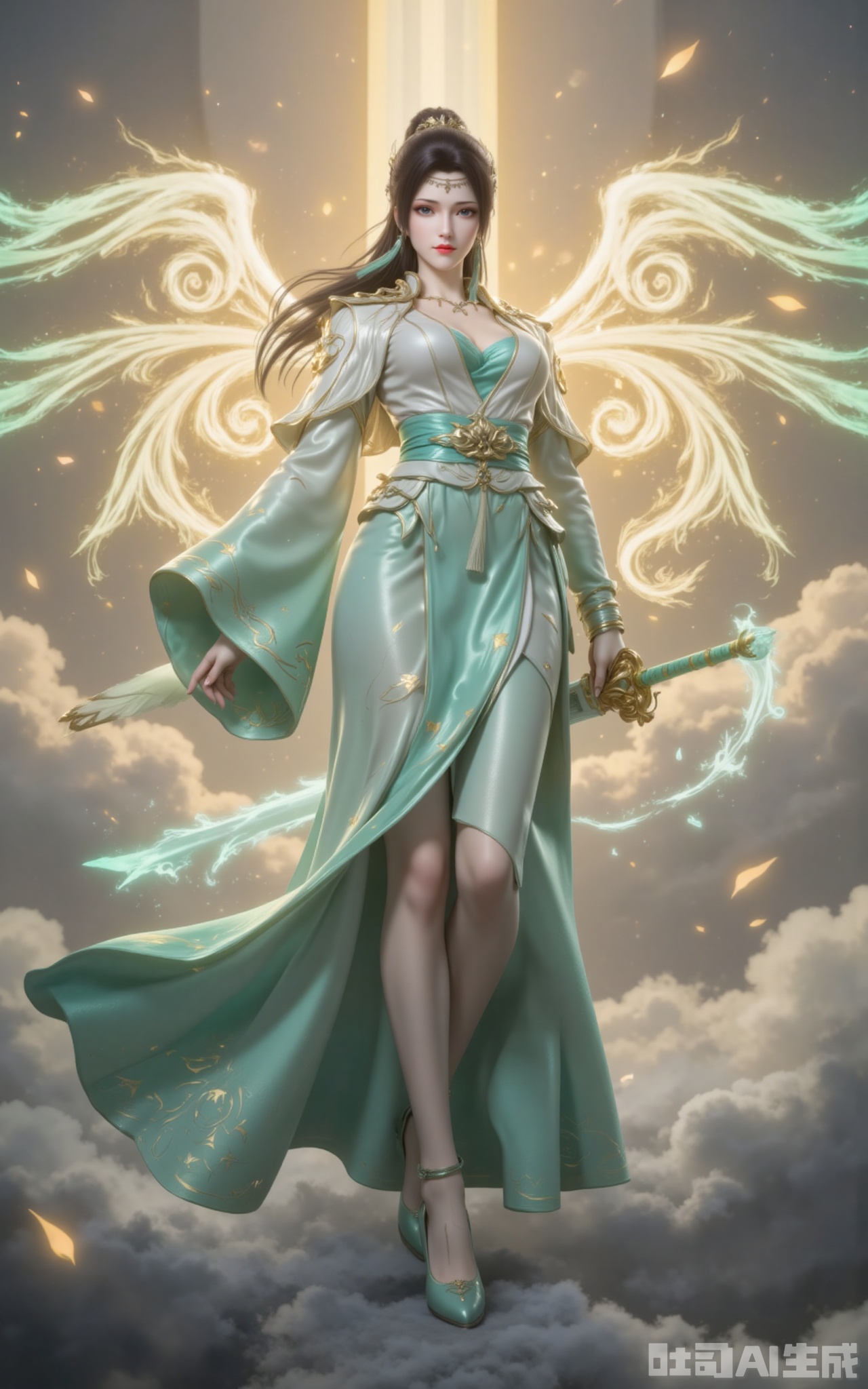 The golden dawn light of dawn pierces through the clouds, gilding the towering clouds with a layer of holy radiance. She was dressed in a green and white wide-sleeved dress with flowing clouds. The emerald waistband was studded with star-like broken crystals, which refracted into seven colors of light in the sunlight. The elaborately embroidered Yunlan Sect emblem on the hem of the skirt gently swayed with the airflow, as if it were about to transform into real clouds and mists at any moment. Like a waterfall of black hair dancing in the surging of fighting energy, the phoenix-like feather in the hair swaying gently carries a pale blue wind energy. The pair of wings behind, condensed from pure martial energy, fully spread out. Each feather clearly shows the energy veins of bluish-white, leaving a brilliant light trace in the sea of clouds. Her ice-blue eyes reflected the surging sea of clouds beneath her feet. Her slender legs were wrapped in semi-transparent silk stockings. When the tips of her feet touched the void, the pair of high heels inlaid with a sixth-order wind attribute magic core would create a circle of cyan ripples. The tassels hanging from the jade belt at the waist dance with the clouds, adding a touch of agility to this ethereal figure. Although the ancient sword "Yunlan" with a sheath in Yu's hand had not yet been unsheathed, the ancient runes on the sheath had already begun to flicker and flicker. When that ray of morning light happened to fall on the sect emblem at the sword slot, the entire sword suddenly let out a clear and resonant dragon cry, scattering the surrounding clouds.
lvjing,yunyun