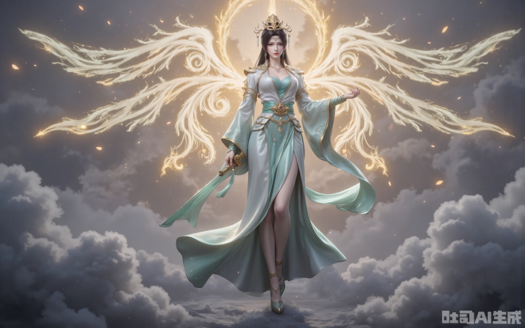 The golden dawn light of dawn pierces through the clouds, gilding the towering clouds with a layer of holy radiance. She was dressed in a green and white wide-sleeved dress with flowing clouds. The emerald waistband was studded with star-like broken crystals, which refracted into seven colors of light in the sunlight. The elaborately embroidered Yunlan Sect emblem on the hem of the skirt gently swayed with the airflow, as if it were about to transform into real clouds and mists at any moment. Like a waterfall of black hair dancing in the surging of fighting energy, the phoenix-like feather in the hair swaying gently carries a pale blue wind energy. The pair of wings behind, condensed from pure martial energy, fully spread out. Each feather clearly shows the energy veins of bluish-white, leaving a brilliant light trace in the sea of clouds. Her ice-blue eyes reflected the surging sea of clouds beneath her feet. Her slender legs were wrapped in semi-transparent silk stockings. When the tips of her feet touched the void, the pair of high heels inlaid with a sixth-order wind attribute magic core would create a circle of cyan ripples. The tassels hanging from the jade belt at the waist dance with the clouds, adding a touch of agility to this ethereal figure. Although the ancient sword "Yunlan" with a sheath in Yu's hand had not yet been unsheathed, the ancient runes on the sheath had already begun to flicker and flicker. When that ray of morning light happened to fall on the sect emblem at the sword slot, the entire sword suddenly let out a clear and resonant dragon cry, scattering the surrounding clouds.
lvjing,yunyun