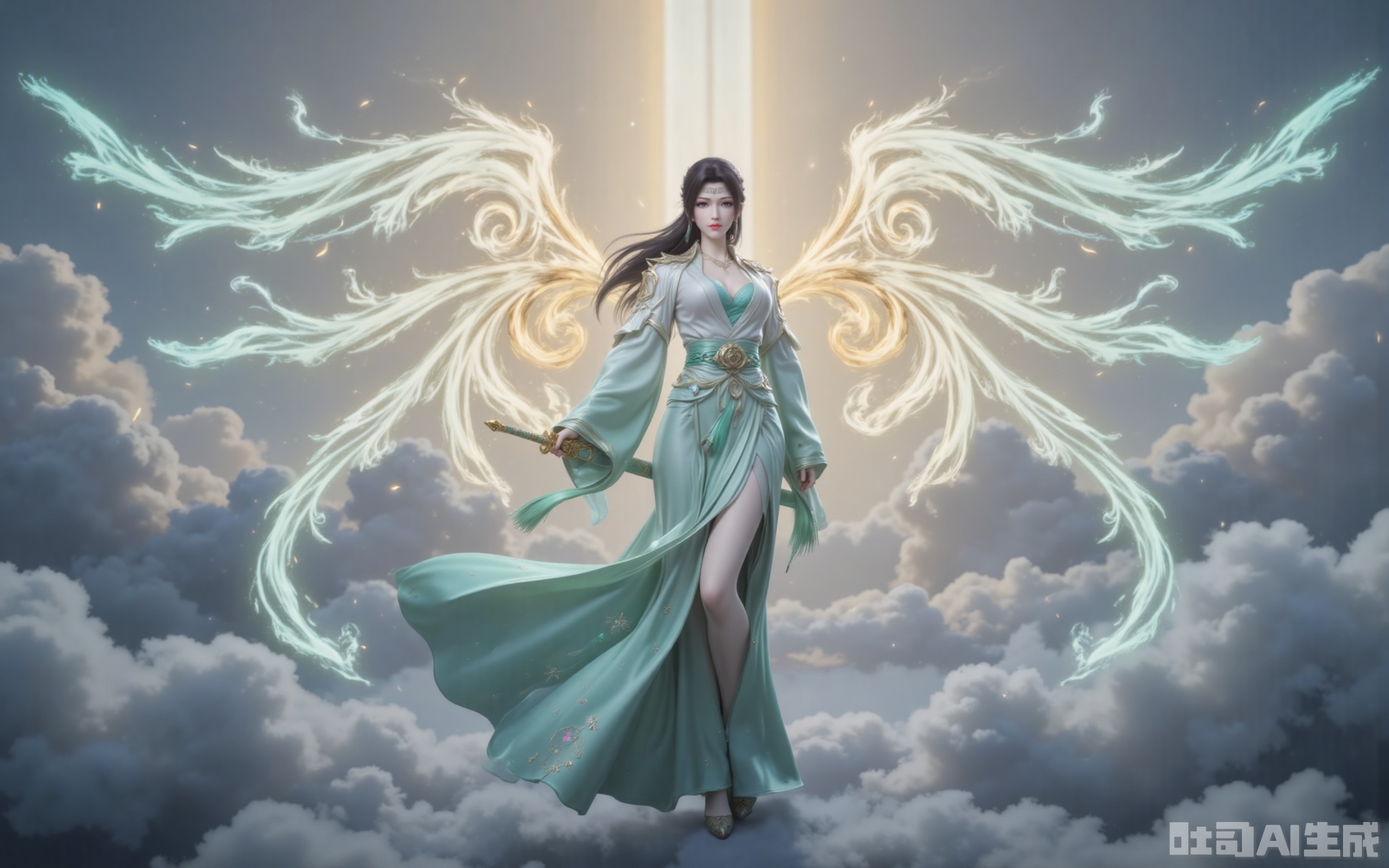 The golden dawn light of dawn pierces through the clouds, gilding the towering clouds with a layer of holy radiance. She was dressed in a green and white wide-sleeved dress with flowing clouds. The emerald waistband was studded with star-like broken crystals, which refracted into seven colors of light in the sunlight. The elaborately embroidered Yunlan Sect emblem on the hem of the skirt gently swayed with the airflow, as if it were about to transform into real clouds and mists at any moment. Like a waterfall of black hair dancing in the surging of fighting energy, the phoenix-like feather in the hair swaying gently carries a pale blue wind energy. The pair of wings behind, condensed from pure martial energy, fully spread out. Each feather clearly shows the energy veins of bluish-white, leaving a brilliant light trace in the sea of clouds. Her ice-blue eyes reflected the surging sea of clouds beneath her feet. Her slender legs were wrapped in semi-transparent silk stockings. When the tips of her feet touched the void, the pair of high heels inlaid with a sixth-order wind attribute magic core would create a circle of cyan ripples. The tassels hanging from the jade belt at the waist dance with the clouds, adding a touch of agility to this ethereal figure. Although the ancient sword "Yunlan" with a sheath in Yu's hand had not yet been unsheathed, the ancient runes on the sheath had already begun to flicker and flicker. When that ray of morning light happened to fall on the sect emblem at the sword slot, the entire sword suddenly let out a clear and resonant dragon cry, scattering the surrounding clouds.
lvjing,yunyun