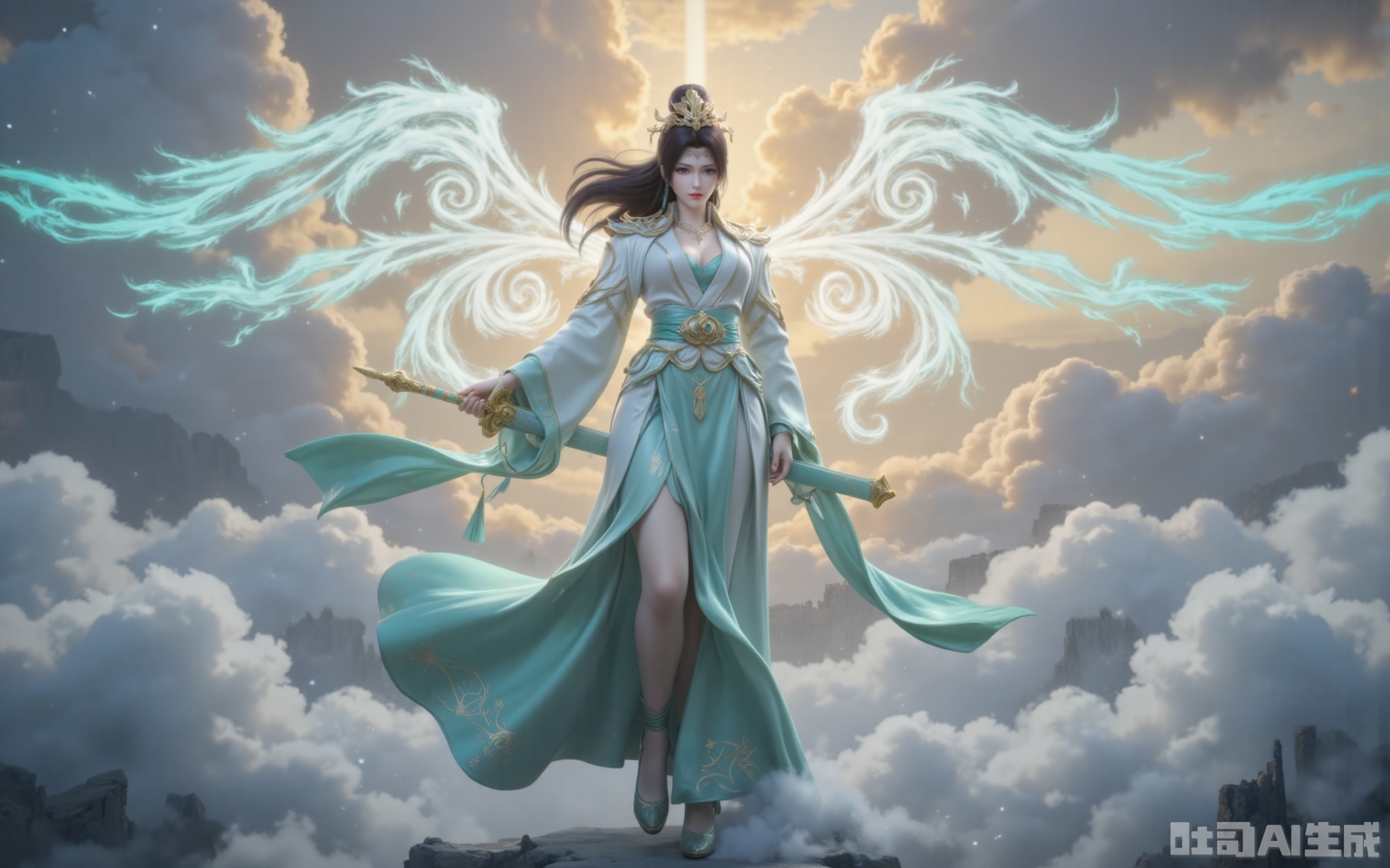 The golden dawn light of dawn pierces through the clouds, gilding the towering clouds with a layer of holy radiance. She was dressed in a green and white wide-sleeved dress with flowing clouds. The emerald waistband was studded with star-like broken crystals, which refracted into seven colors of light in the sunlight. The elaborately embroidered Yunlan Sect emblem on the hem of the skirt gently swayed with the airflow, as if it were about to transform into real clouds and mists at any moment. Like a waterfall of black hair dancing in the surging of fighting energy, the phoenix-like feather in the hair swaying gently carries a pale blue wind energy. The pair of wings behind, condensed from pure martial energy, fully spread out. Each feather clearly shows the energy veins of bluish-white, leaving a brilliant light trace in the sea of clouds. Her ice-blue eyes reflected the surging sea of clouds beneath her feet. Her slender legs were wrapped in semi-transparent silk stockings. When the tips of her feet touched the void, the pair of high heels inlaid with a sixth-order wind attribute magic core would create a circle of cyan ripples. The tassels hanging from the jade belt at the waist dance with the clouds, adding a touch of agility to this ethereal figure. Although the ancient sword "Yunlan" with a sheath in Yu's hand had not yet been unsheathed, the ancient runes on the sheath had already begun to flicker and flicker. When that ray of morning light happened to fall on the sect emblem at the sword slot, the entire sword suddenly let out a clear and resonant dragon cry, scattering the surrounding clouds.
lvjing,yunyun
