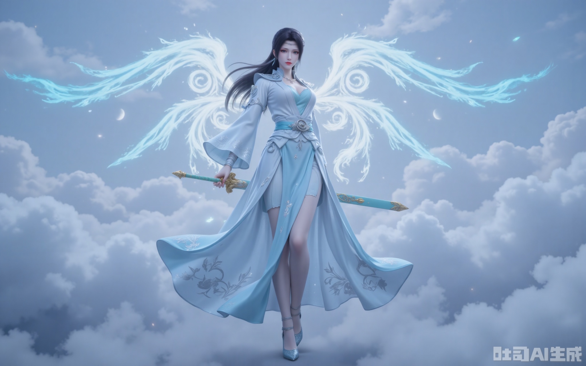 Amidst the boundless clouds and mists, the clouds stand out in the air. The wide-sleeved, fairy-like dress with blue and white stripes dances gently in the wind. The cloud patterns embroidered with silver thread on the hem flow with a moon-like glow in the morning light. Like black and white hair fluttering amid the surging fighting energy, the green jade phoenix hairpin in the hair was flowing with faint fighting energy light patterns. The pair of wings behind, formed by pure martial energy, slowly unfurled. Each feather was flowing with sky-blue energy ripples, spreading out circles of ripples in the sea of clouds. The ice-blue eyes are like the autumn water of a cold pool, reflecting the vast expanse of the sky. The plain gauze stockings wrapped around the slender legs were faintly visible. The tips of the feet lightly touched the void. The pair of high heels, adorned with wind attribute magic cores, drew pale blue tracks in the clouds. The ancient sword with a sheath in Yu's hand, though not yet sharp, had a sharp sword aura seeping through its sheath. The seventh-stage wind magic crystal embedded in the sword grid was resonating with the fighting energy around it, churning out a clear and resonant sword sound in the clouds
lvjing,yunyun