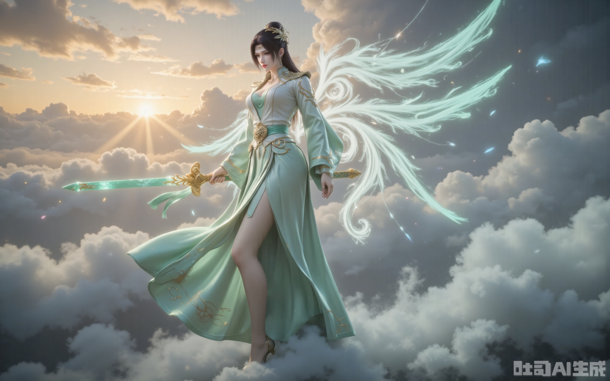The golden dawn light of dawn pierces through the clouds, gilding the towering clouds with a layer of holy radiance. She was dressed in a green and white wide-sleeved dress with flowing clouds. The emerald waistband was studded with star-like broken crystals, which refracted into seven colors of light in the sunlight. The elaborately embroidered Yunlan Sect emblem on the hem of the skirt gently swayed with the airflow, as if it were about to transform into real clouds and mists at any moment. Like a waterfall of black hair dancing in the surging of fighting energy, the phoenix-like feather in the hair swaying gently carries a pale blue wind energy. The pair of wings behind, condensed from pure martial energy, fully spread out. Each feather clearly shows the energy veins of bluish-white, leaving a brilliant light trace in the sea of clouds. Her ice-blue eyes reflected the surging sea of clouds beneath her feet. Her slender legs were wrapped in semi-transparent silk stockings. When the tips of her feet touched the void, the pair of high heels inlaid with a sixth-order wind attribute magic core would create a circle of cyan ripples. The tassels hanging from the jade belt at the waist dance with the clouds, adding a touch of agility to this ethereal figure. Although the ancient sword "Yunlan" with a sheath in Yu's hand had not yet been unsheathed, the ancient runes on the sheath had already begun to flicker and flicker. When that ray of morning light happened to fall on the sect emblem at the sword slot, the entire sword suddenly let out a clear and resonant dragon cry, scattering the surrounding clouds.
lvjing,yunyun