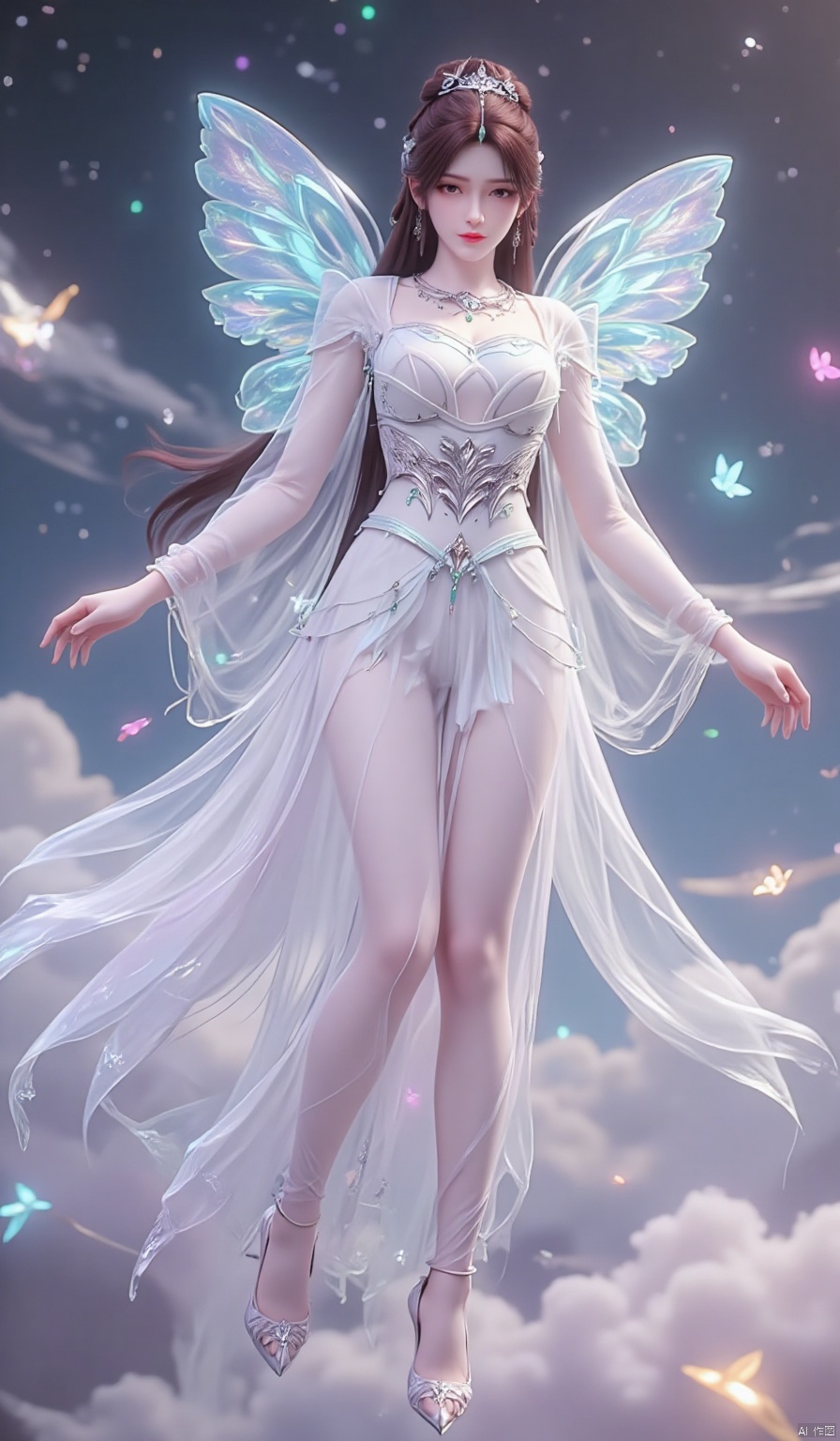 An angelic lady wearing a crystal neon dress with glowing butterfly patterns and crystal wing ornaments, floating in a fluorescent cloud layer, soft halo and crystal glow surrounding her, highly detailed, 4K resolution, dreamlike beauty.

