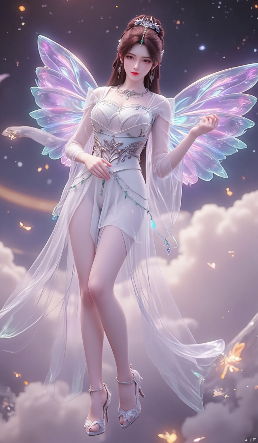 An angelic lady wearing a crystal neon dress with glowing butterfly patterns and crystal wing ornaments, floating in a fluorescent cloud layer, soft halo and crystal glow surrounding her, highly detailed, 4K resolution, dreamlike beauty.

