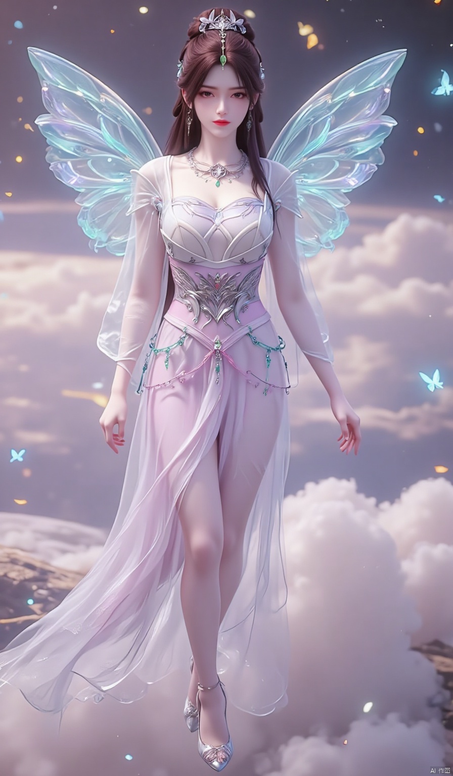 An angelic lady wearing a crystal neon dress with glowing butterfly patterns and crystal wing ornaments, floating in a fluorescent cloud layer, soft halo and crystal glow surrounding her, highly detailed, 4K resolution, dreamlike beauty.

