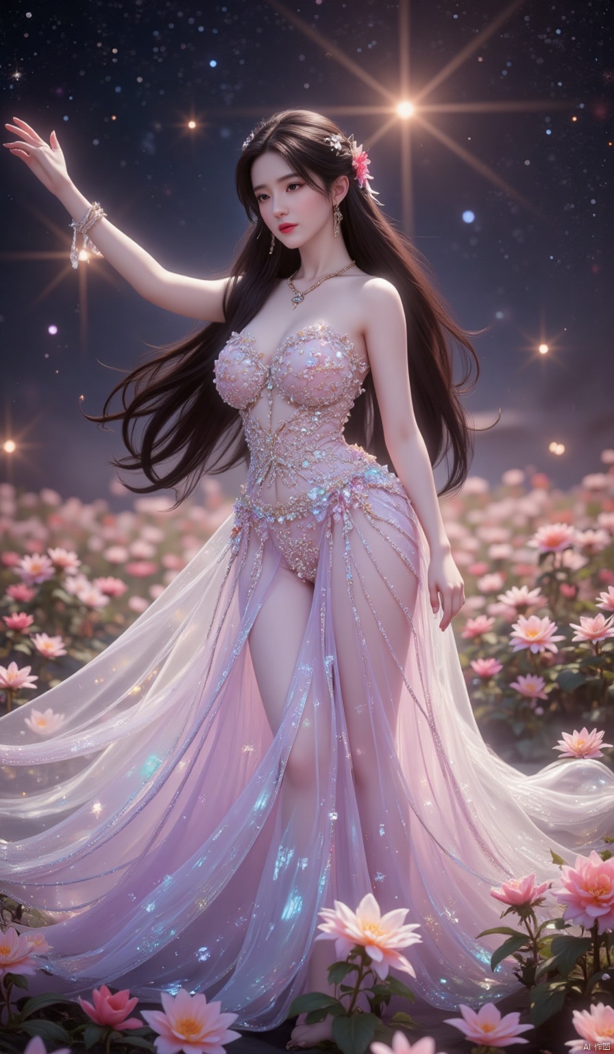 In an infinite, enchanted flower field that seems to stretch beyond the very fabric of space and time, every flower glows with a unique, prismatic radiance, exuding a soft, otherworldly luminescence. Amidst this fantastical panorama, a Chinese beauty shines like a celestial being. Her long, jet - black hair tumbles down her back in a cascading waterfall, with wisps of hair dancing around her delicate face, adding a touch of natural allure.
She is draped in a floor - length crystal dress that is a veritable marvel of craftsmanship. The dress is entirely encrusted with countless, minuscule crystals, each one a perfect, multifaceted gem. These crystals are not merely reflective; they seem to be living conduits of light. They capture the ethereal glow from the floating, luminous spheres that dot the celestial canopy above the flower field, and then refract and scatter it in a million different directions. Each crystal pulsates with an inner fire, a vibrant, ever - changing glow that seems to be in harmony with the rhythm of the universe. Arranged in a pattern that mimics the most intricate constellations in the cosmos, as she moves, they create a display of twinkling lights so dazzling that it rivals the brilliance of a supernovae. It's as if the very essence of the stars has been woven into the fabric of her dress, adorning her with a celestial splendor.
Fairy - like sprites with iridescent, gossamer - thin wings flit and flutter among the blossoms, their laughter tinkling like the purest of crystal chimes. As a gentle, magical zephyr sweeps through the flower field, carrying the heady, intoxicating fragrance of the blossoms, she begins to dance. Her body sways gracefully from side to side, her arms moving in fluid, sweeping arcs, as if she is the conductor of a symphony of nature's most enchanting elements. She spins with a grace that defies gravity, her long skirt billowing out like a cloud of stardust. The crystals on the dress create a mesmerizing, multi - colored halo around her, a corona of light so intense that it seems to distort the very air around her. As she twirls, she reaches out one hand to caress the flowers, and the blossoms respond in kind, their petals undulating in time with her dance. Tiny, bioluminescent insects emerge from the heart of the flowers, fluttering around her like a swarm of living diamonds, adding an extra layer of magical allure to the already - enchanted scene. Her eyes, as bright and vast as the star - filled expanse of the universe, are alight with joy and a profound sense of wonder at the beauty of this magical realm.