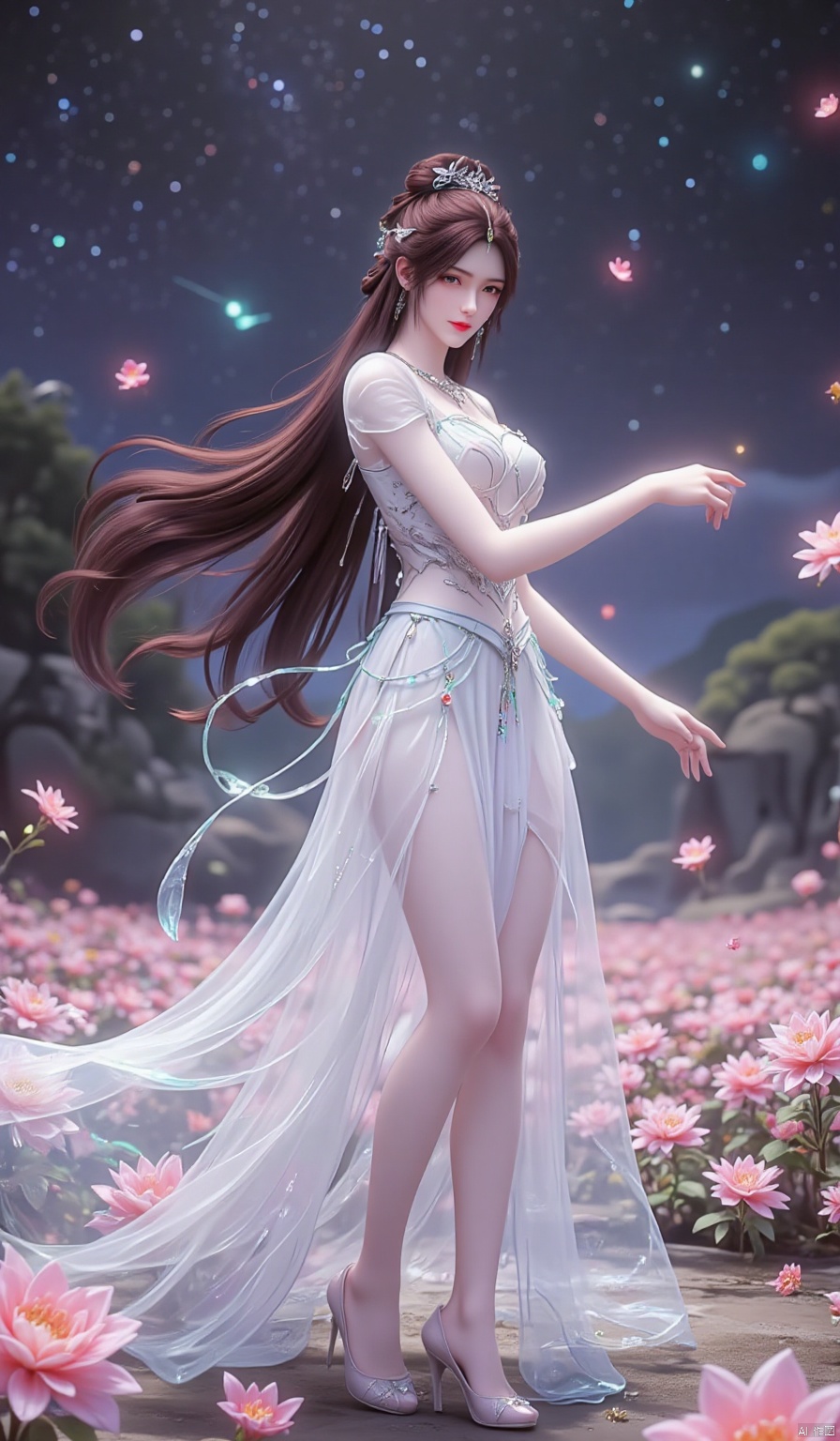In an infinite, enchanted flower field that seems to stretch beyond the very fabric of space and time, every flower glows with a unique, prismatic radiance, exuding a soft, otherworldly luminescence. Amidst this fantastical panorama, a Chinese beauty shines like a celestial being. Her long, jet - black hair tumbles down her back in a cascading waterfall, with wisps of hair dancing around her delicate face, adding a touch of natural allure.
She is draped in a floor - length crystal dress that is a veritable marvel of craftsmanship. The dress is entirely encrusted with countless, minuscule crystals, each one a perfect, multifaceted gem. These crystals are not merely reflective; they seem to be living conduits of light. They capture the ethereal glow from the floating, luminous spheres that dot the celestial canopy above the flower field, and then refract and scatter it in a million different directions. Each crystal pulsates with an inner fire, a vibrant, ever - changing glow that seems to be in harmony with the rhythm of the universe. Arranged in a pattern that mimics the most intricate constellations in the cosmos, as she moves, they create a display of twinkling lights so dazzling that it rivals the brilliance of a supernovae. It's as if the very essence of the stars has been woven into the fabric of her dress, adorning her with a celestial splendor.
Fairy - like sprites with iridescent, gossamer - thin wings flit and flutter among the blossoms, their laughter tinkling like the purest of crystal chimes. As a gentle, magical zephyr sweeps through the flower field, carrying the heady, intoxicating fragrance of the blossoms, she begins to dance. Her body sways gracefully from side to side, her arms moving in fluid, sweeping arcs, as if she is the conductor of a symphony of nature's most enchanting elements. She spins with a grace that defies gravity, her long skirt billowing out like a cloud of stardust. The crystals on the dress create a mesmerizing, multi - colored halo around her, a corona of light so intense that it seems to distort the very air around her. As she twirls, she reaches out one hand to caress the flowers, and the blossoms respond in kind, their petals undulating in time with her dance. Tiny, bioluminescent insects emerge from the heart of the flowers, fluttering around her like a swarm of living diamonds, adding an extra layer of magical allure to the already - enchanted scene. Her eyes, as bright and vast as the star - filled expanse of the universe, are alight with joy and a profound sense of wonder at the beauty of this magical realm.