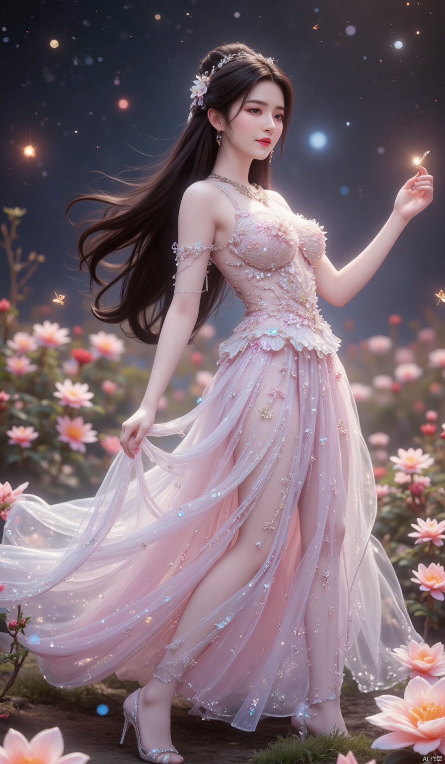 In an infinite, enchanted flower field that seems to stretch beyond the very fabric of space and time, every flower glows with a unique, prismatic radiance, exuding a soft, otherworldly luminescence. Amidst this fantastical panorama, a Chinese beauty shines like a celestial being. Her long, jet - black hair tumbles down her back in a cascading waterfall, with wisps of hair dancing around her delicate face, adding a touch of natural allure.
She is draped in a floor - length crystal dress that is a veritable marvel of craftsmanship. The dress is entirely encrusted with countless, minuscule crystals, each one a perfect, multifaceted gem. These crystals are not merely reflective; they seem to be living conduits of light. They capture the ethereal glow from the floating, luminous spheres that dot the celestial canopy above the flower field, and then refract and scatter it in a million different directions. Each crystal pulsates with an inner fire, a vibrant, ever - changing glow that seems to be in harmony with the rhythm of the universe. Arranged in a pattern that mimics the most intricate constellations in the cosmos, as she moves, they create a display of twinkling lights so dazzling that it rivals the brilliance of a supernovae. It's as if the very essence of the stars has been woven into the fabric of her dress, adorning her with a celestial splendor.
Fairy - like sprites with iridescent, gossamer - thin wings flit and flutter among the blossoms, their laughter tinkling like the purest of crystal chimes. As a gentle, magical zephyr sweeps through the flower field, carrying the heady, intoxicating fragrance of the blossoms, she begins to dance. Her body sways gracefully from side to side, her arms moving in fluid, sweeping arcs, as if she is the conductor of a symphony of nature's most enchanting elements. She spins with a grace that defies gravity, her long skirt billowing out like a cloud of stardust. The crystals on the dress create a mesmerizing, multi - colored halo around her, a corona of light so intense that it seems to distort the very air around her. As she twirls, she reaches out one hand to caress the flowers, and the blossoms respond in kind, their petals undulating in time with her dance. Tiny, bioluminescent insects emerge from the heart of the flowers, fluttering around her like a swarm of living diamonds, adding an extra layer of magical allure to the already - enchanted scene. Her eyes, as bright and vast as the star - filled expanse of the universe, are alight with joy and a profound sense of wonder at the beauty of this magical realm.