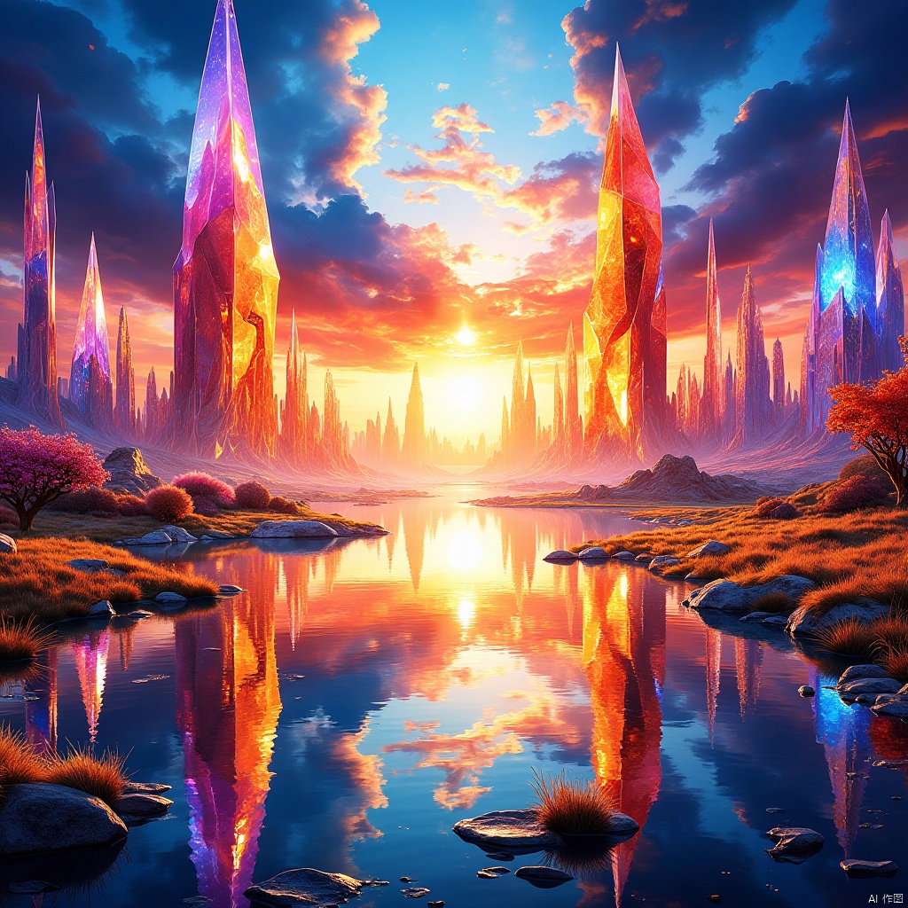  Masterpiece, ultra-high definition image quality, a female, sunset glow, lake, blue sky, white clouds,Crystal world,Multicolored crystal