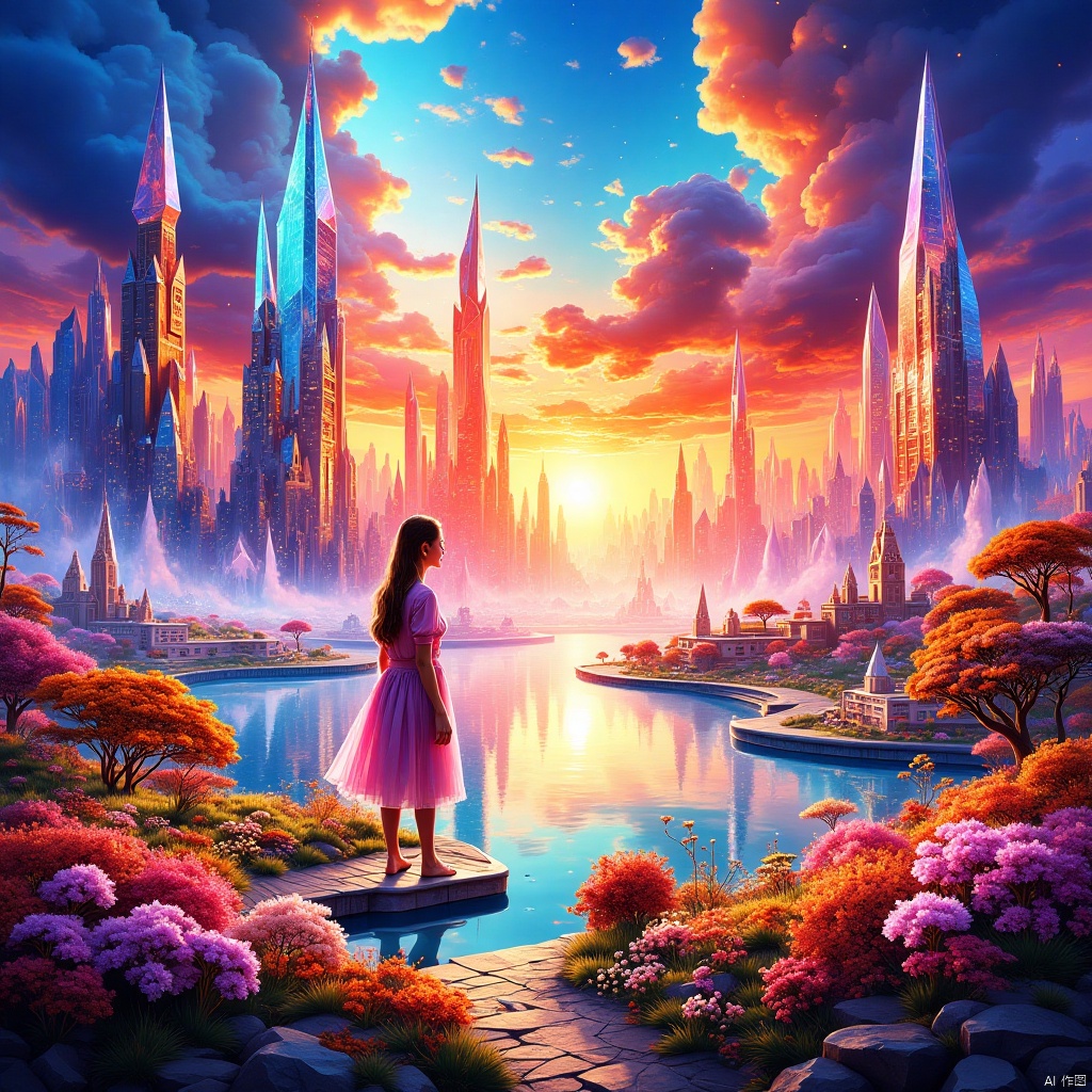 Masterpiece, ultra-high definition image quality, a female, sunset glow, lake, blue sky, white clouds,Crystal world,Multicolored crystal
