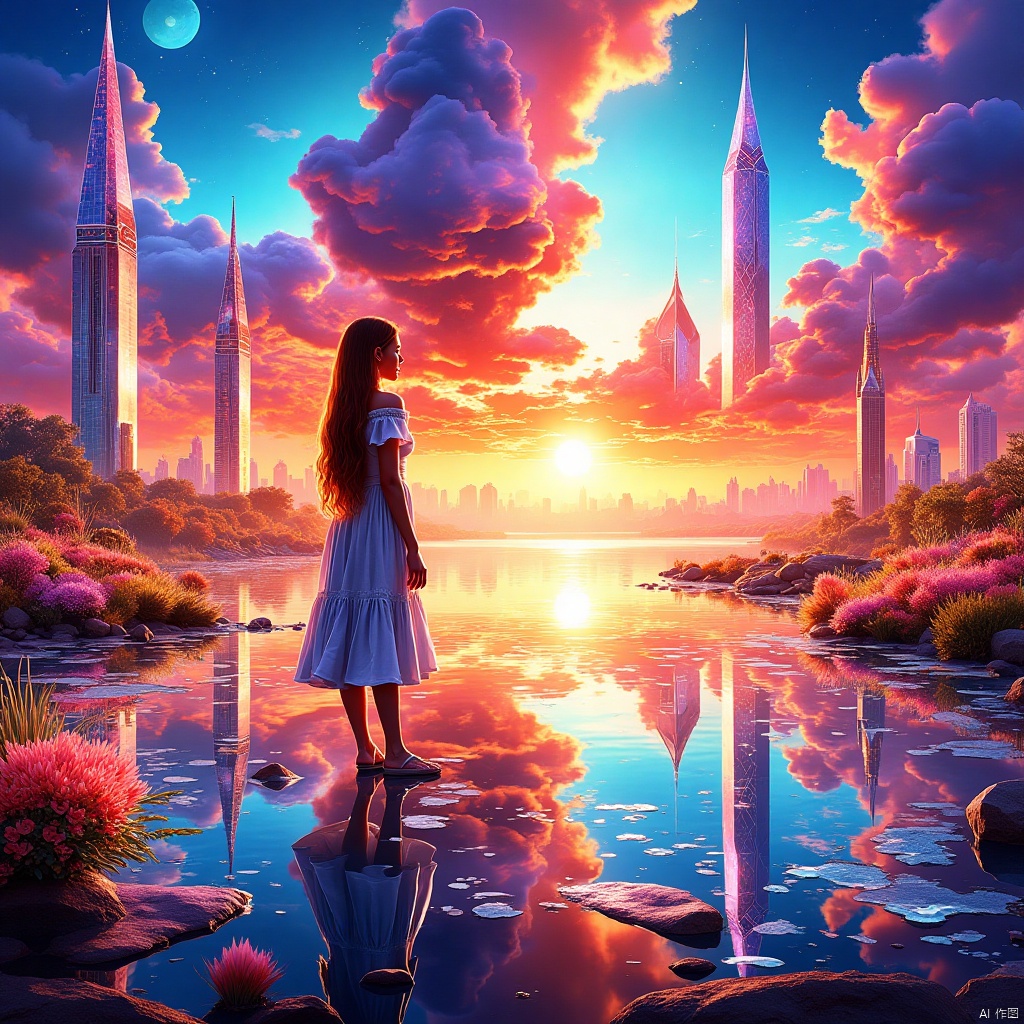  girl,Masterpiece, ultra-high definition image quality, a female, sunset glow, lake, blue sky, white clouds,Crystal world,Multicolored crystal