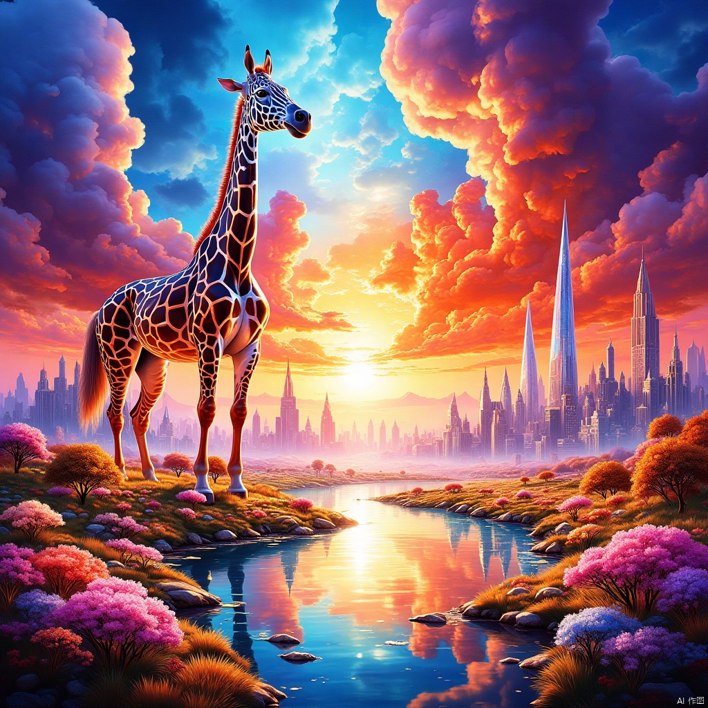  Masterpiece, ultra-high definition image quality, a female, sunset glow, lake, blue sky, white clouds,Crystal world,Multicolored crystal