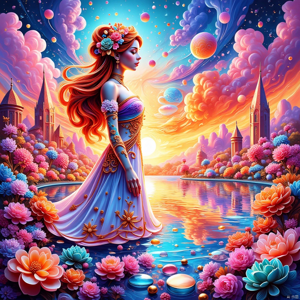  girl,Masterpiece, ultra-high definition image quality, a female, sunset glow, lake, blue sky, white clouds,Crystal world,Multicolored crystal, Sugar painting