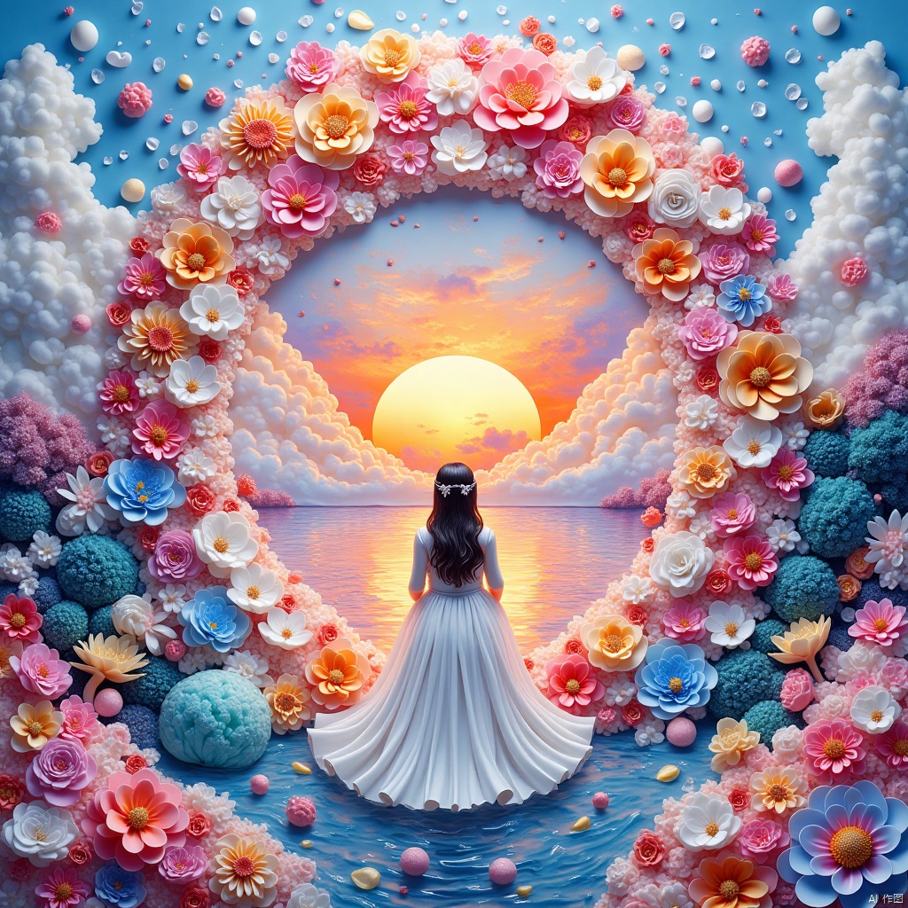  girl,Masterpiece, ultra-high definition image quality, a female, sunset glow, lake, blue sky, white clouds,Crystal world,Multicolored crystal, Sugar painting