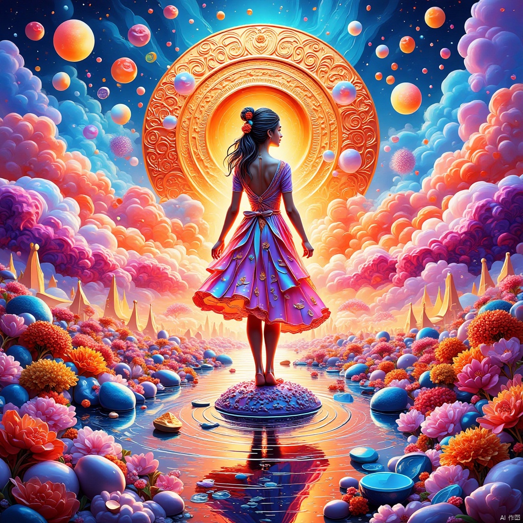  girl,Masterpiece, ultra-high definition image quality, a female, sunset glow, lake, blue sky, white clouds,Crystal world,Multicolored crystal, Sugar painting
