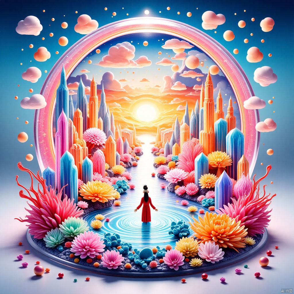 It describes a masterpiece, in which there is a girl in the picture with ultra-high definition. The scene includes the afterglow of sunset, lakes, blue sky and white clouds, presenting a crystal world-like scene, including colorful crystals and sugar painting elements. blue background,Architectural landscape,inset,Multicolored crystal,国画,Traditional Chinese Painting, Sugar painting,World in a bottle