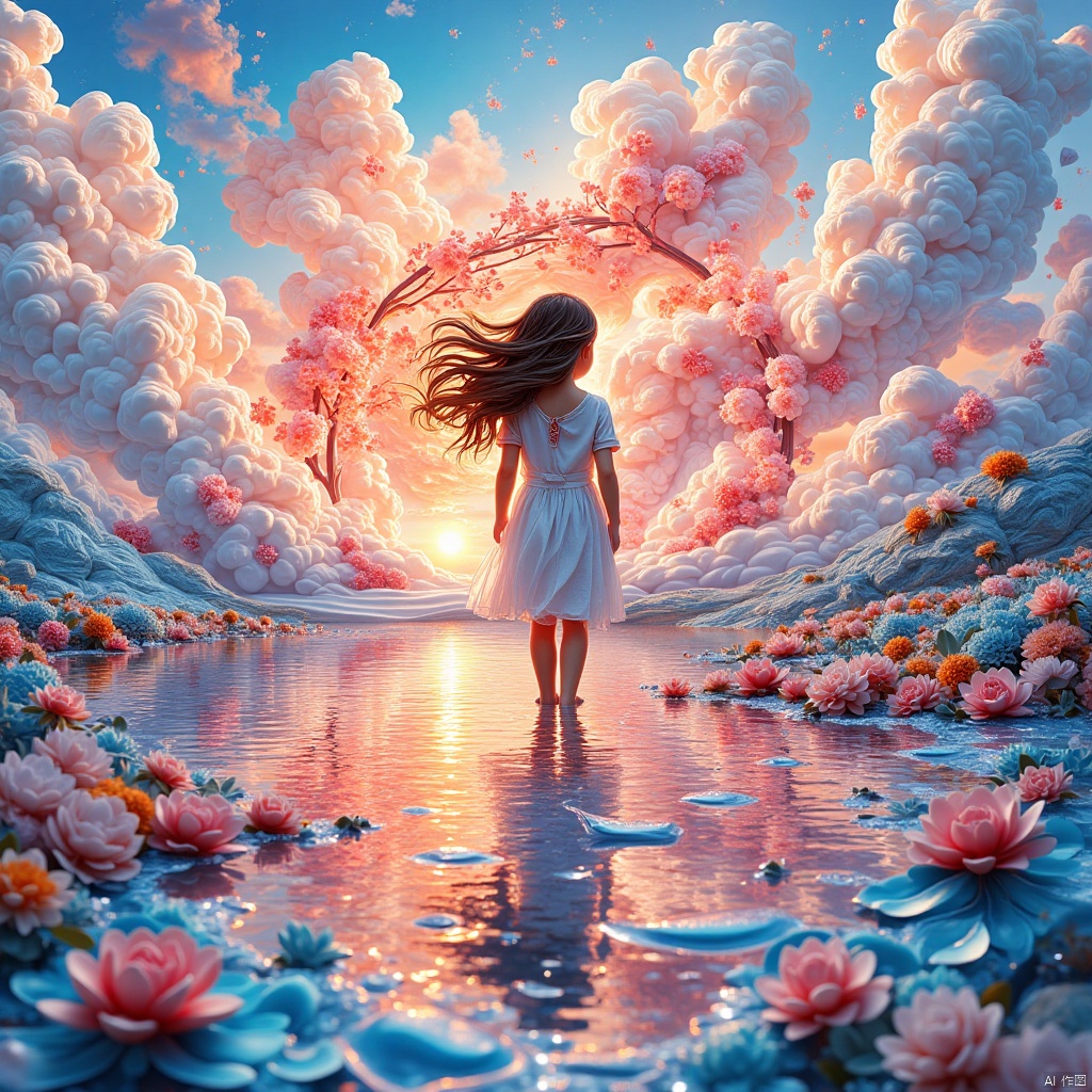  girl,Masterpiece, ultra-high definition image quality, a female, sunset glow, lake, blue sky, white clouds,Crystal world,Multicolored crystal, Sugar painting