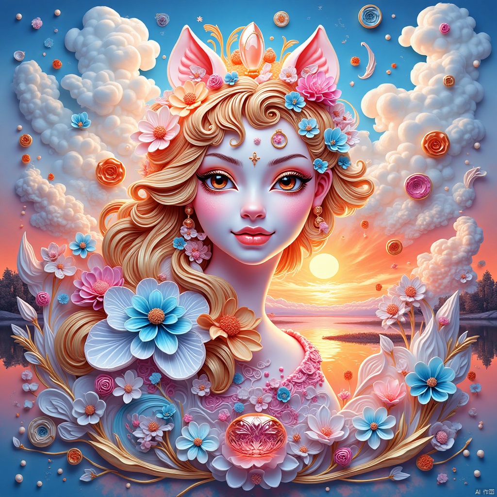  girl,Masterpiece, ultra-high definition image quality, a female, sunset glow, lake, blue sky, white clouds,Crystal world,Multicolored crystal, Sugar painting