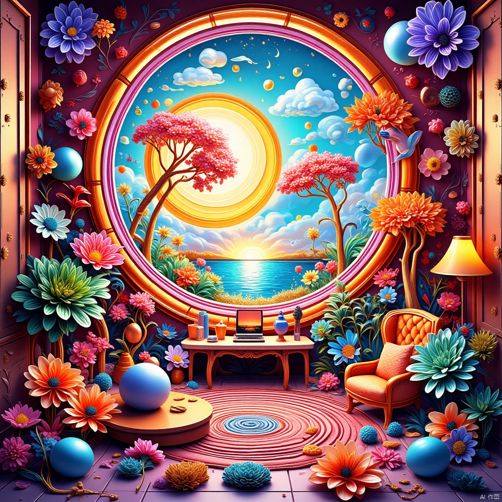  no humans,plant,chair,window,indoors,table,computer,lamp,tree,hole,sunshine,LZBG, LZBG