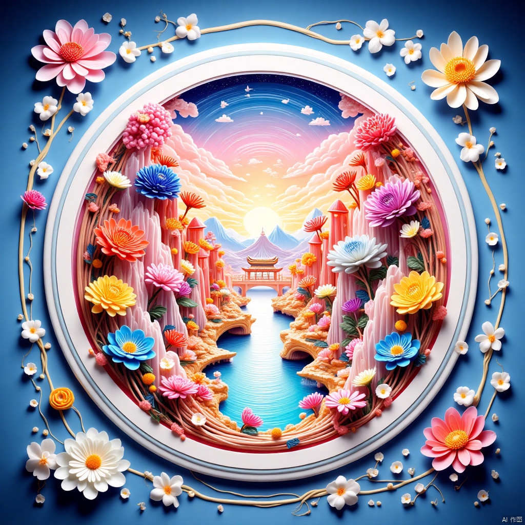It describes a masterpiece, in which there is a girl in the picture with ultra-high definition. The scene includes the afterglow of sunset, lakes, blue sky and white clouds, presenting a crystal world-like scene, including colorful crystals and sugar painting elements. blue background,Architectural landscape,inset,Multicolored crystal,国画,Traditional Chinese Painting, Sugar painting,World in a bottle