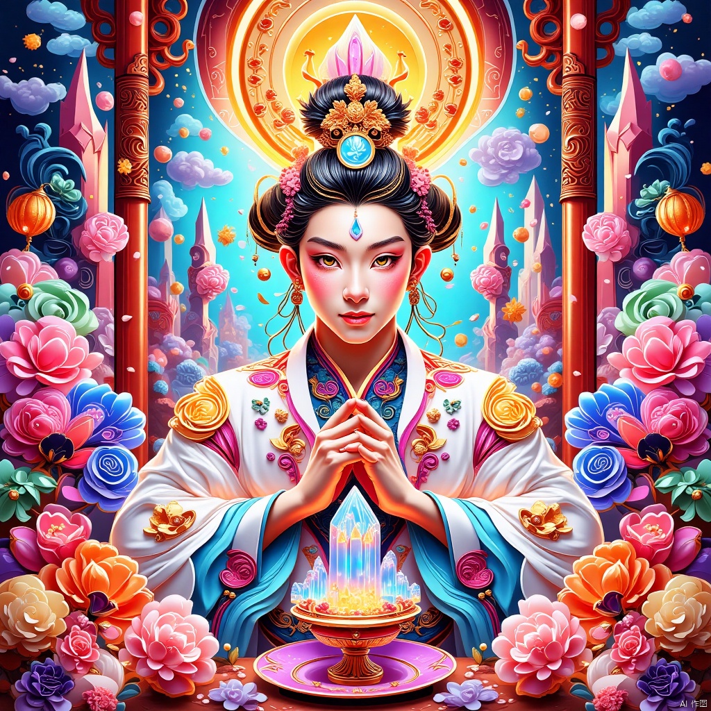 ananyq, 1boy, white Hanfu, facing the camera, anangc, Sugar painting,Multicolored crystal,Crystal world