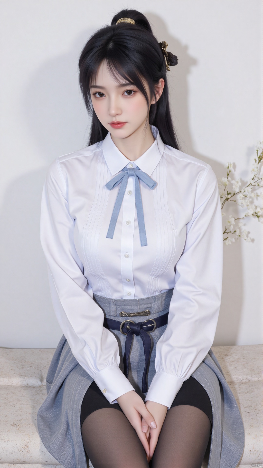 1girl, solo, long hair, breasts, looking at viewer, bangs, skirt, shirt, long sleeves, bow, medium breasts, closed mouth, school uniform, sitting, white shirt, hair bow, pantyhose, pleated skirt, striped, collared shirt, bowtie, lips, plaid, black pantyhose, dress shirt, blue bow, plaid skirt, grey skirt, thighband pantyhose, red lips, shirt tucked in,