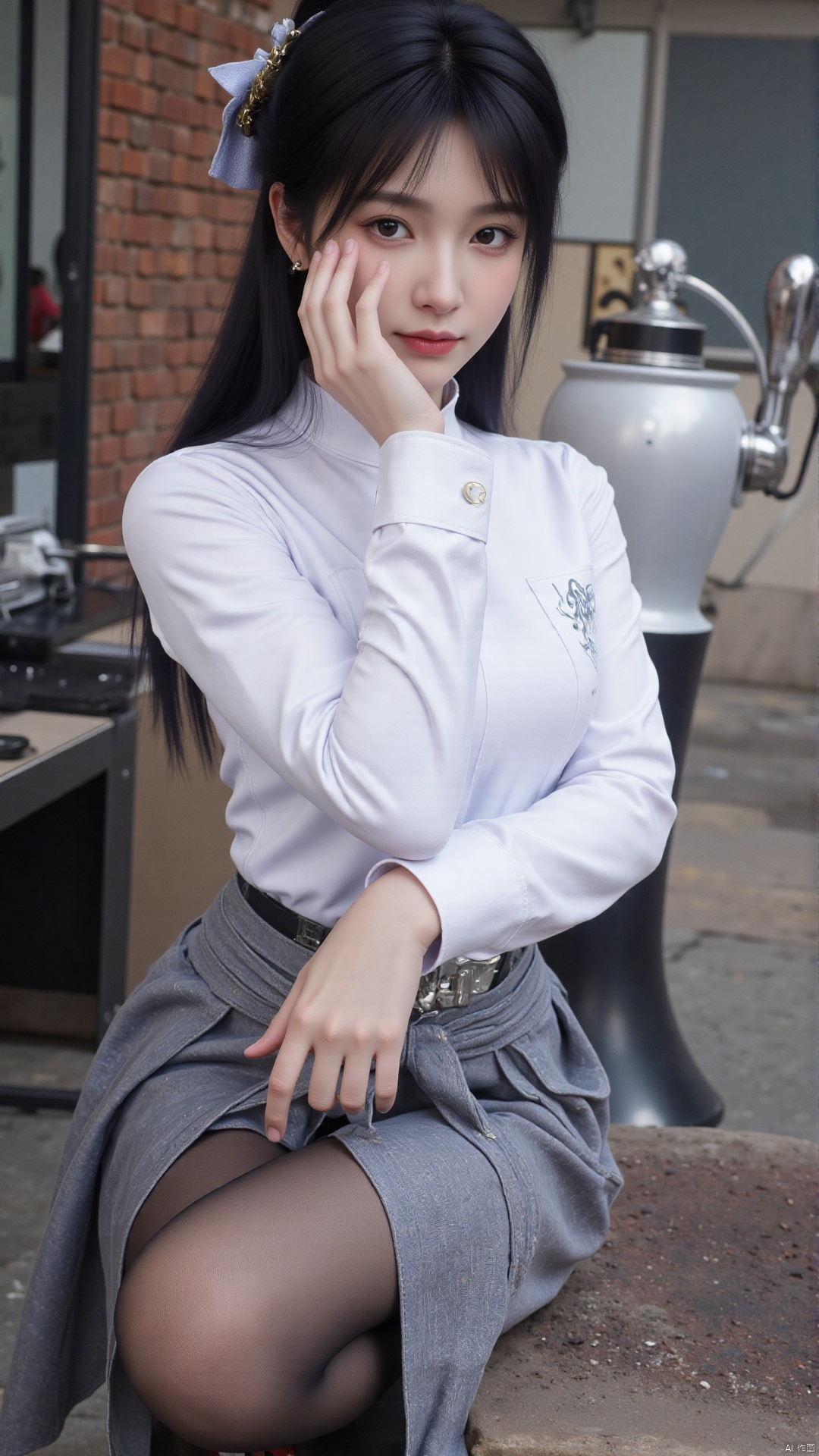 1girl, solo, long hair, breasts, looking at viewer, bangs, skirt, shirt, long sleeves, bow, medium breasts, closed mouth, school uniform, sitting, white shirt, hair bow, pantyhose, pleated skirt, striped, collared shirt, bowtie, lips, plaid, black pantyhose, dress shirt, blue bow, plaid skirt, grey skirt, thighband pantyhose, red lips, shirt tucked in,